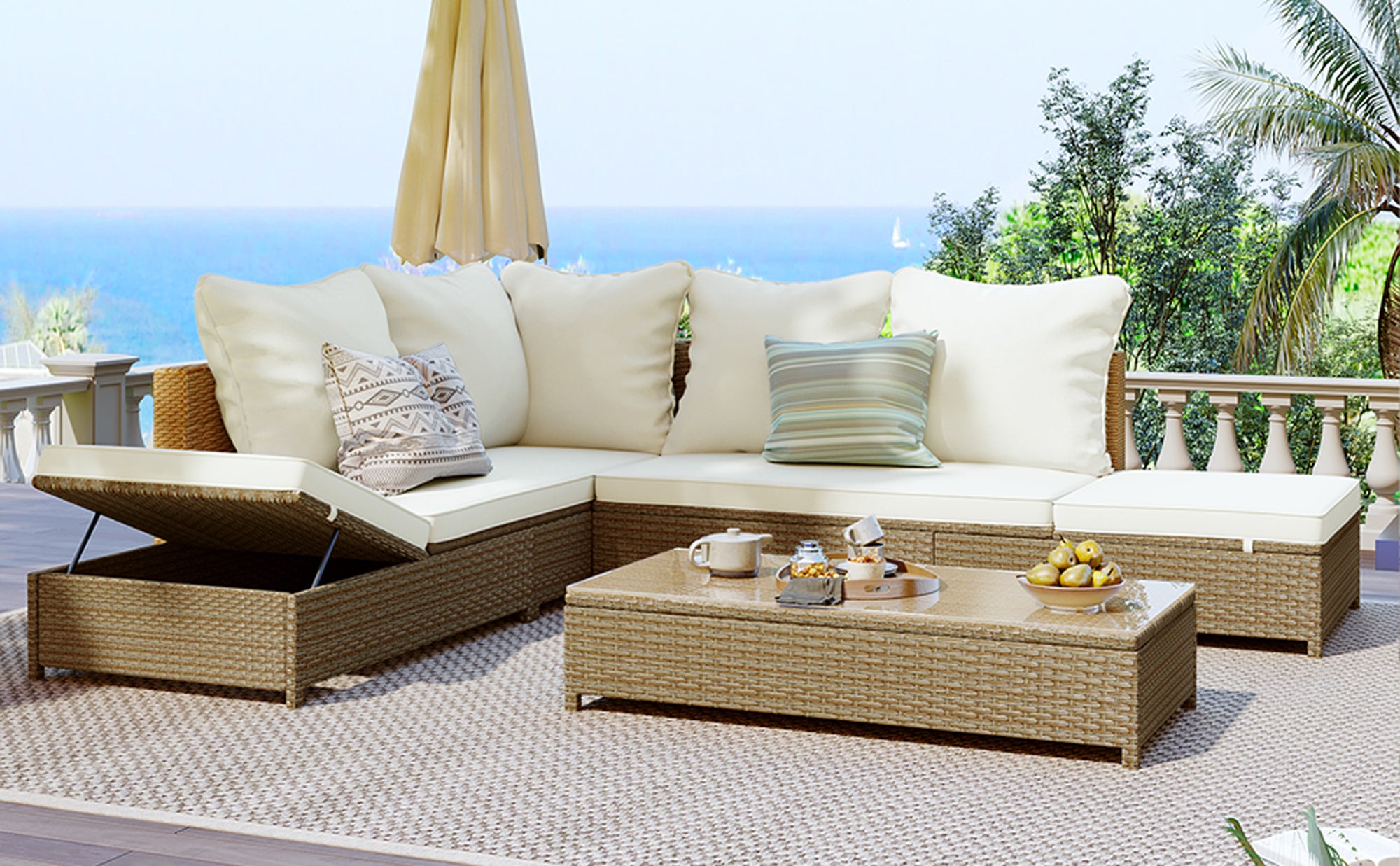 3-Piece Wicker Rattan Outdoor Sectional Sofa Set with Beige Cushion and Tempered Glass Table