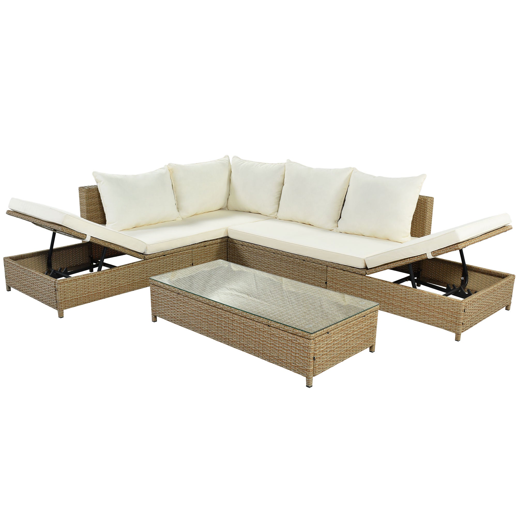 3-Piece Wicker Rattan Outdoor Sectional Sofa Set with Beige Cushion and Tempered Glass Table