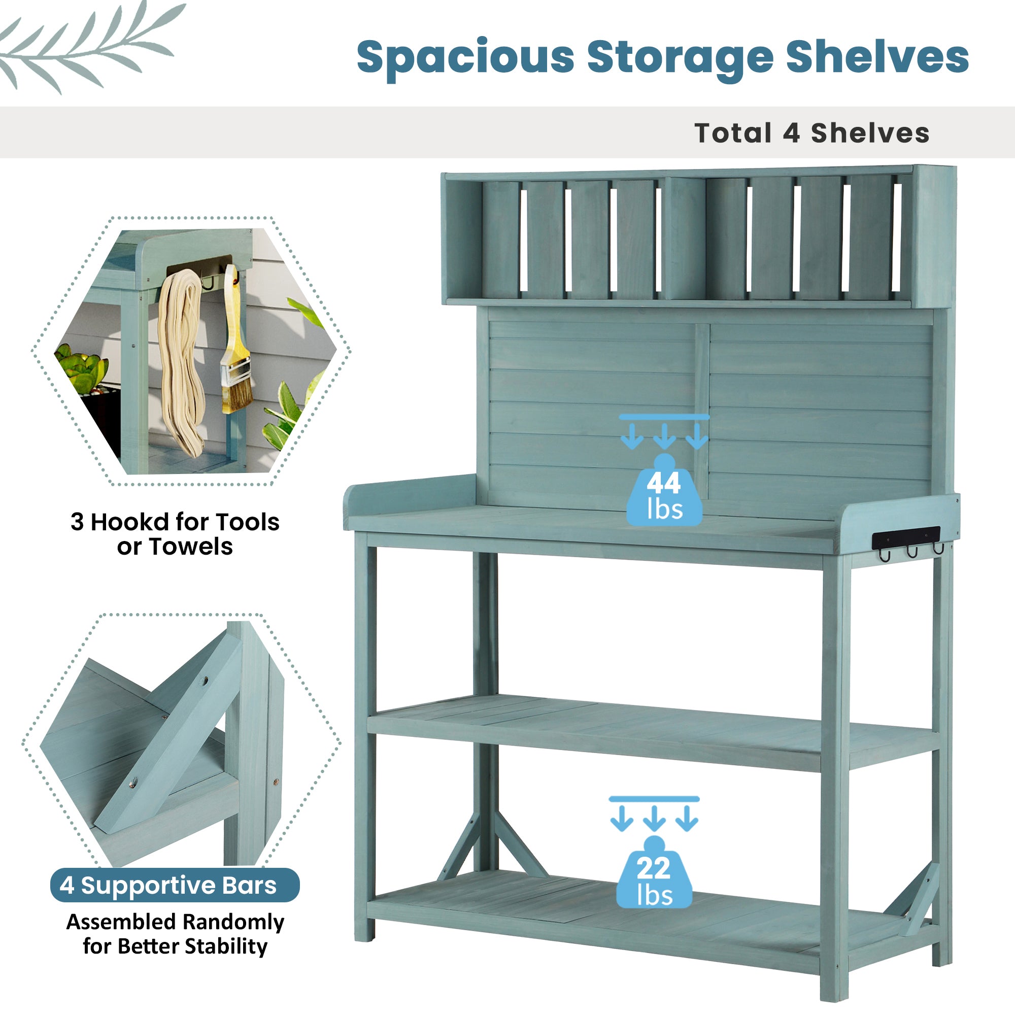 19.30 in. x 46.90 in. Outdoor Green Wooden Garden Potting Bench Table with 4 Storage Shelves and Side Hook