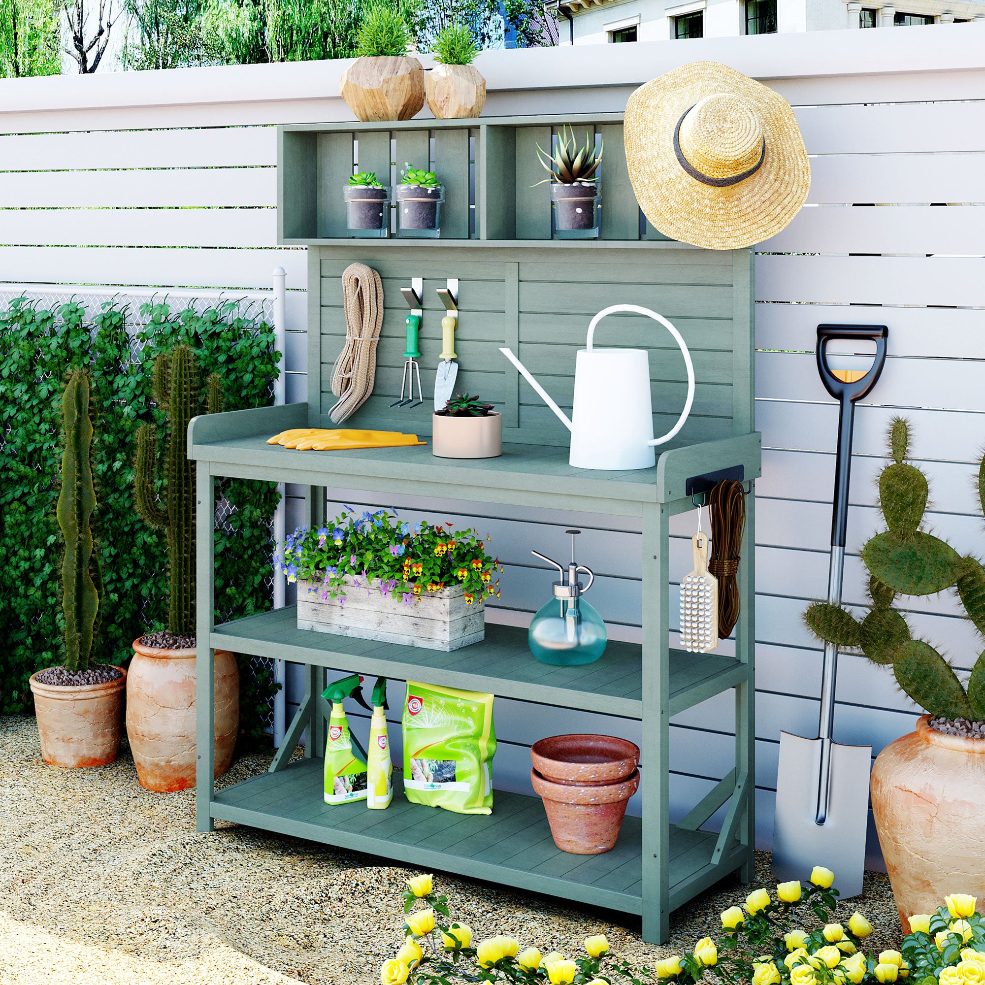 19.30 in. x 46.90 in. Outdoor Green Wooden Garden Potting Bench Table with 4 Storage Shelves and Side Hook