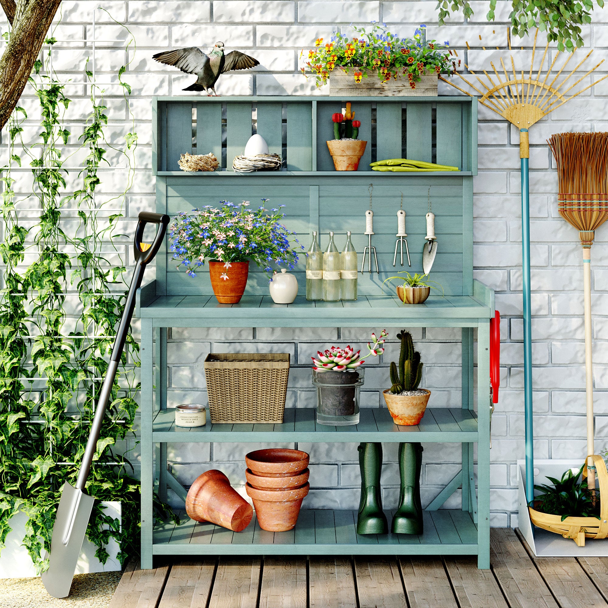 19.30 in. x 46.90 in. Outdoor Green Wooden Garden Potting Bench Table with 4 Storage Shelves and Side Hook