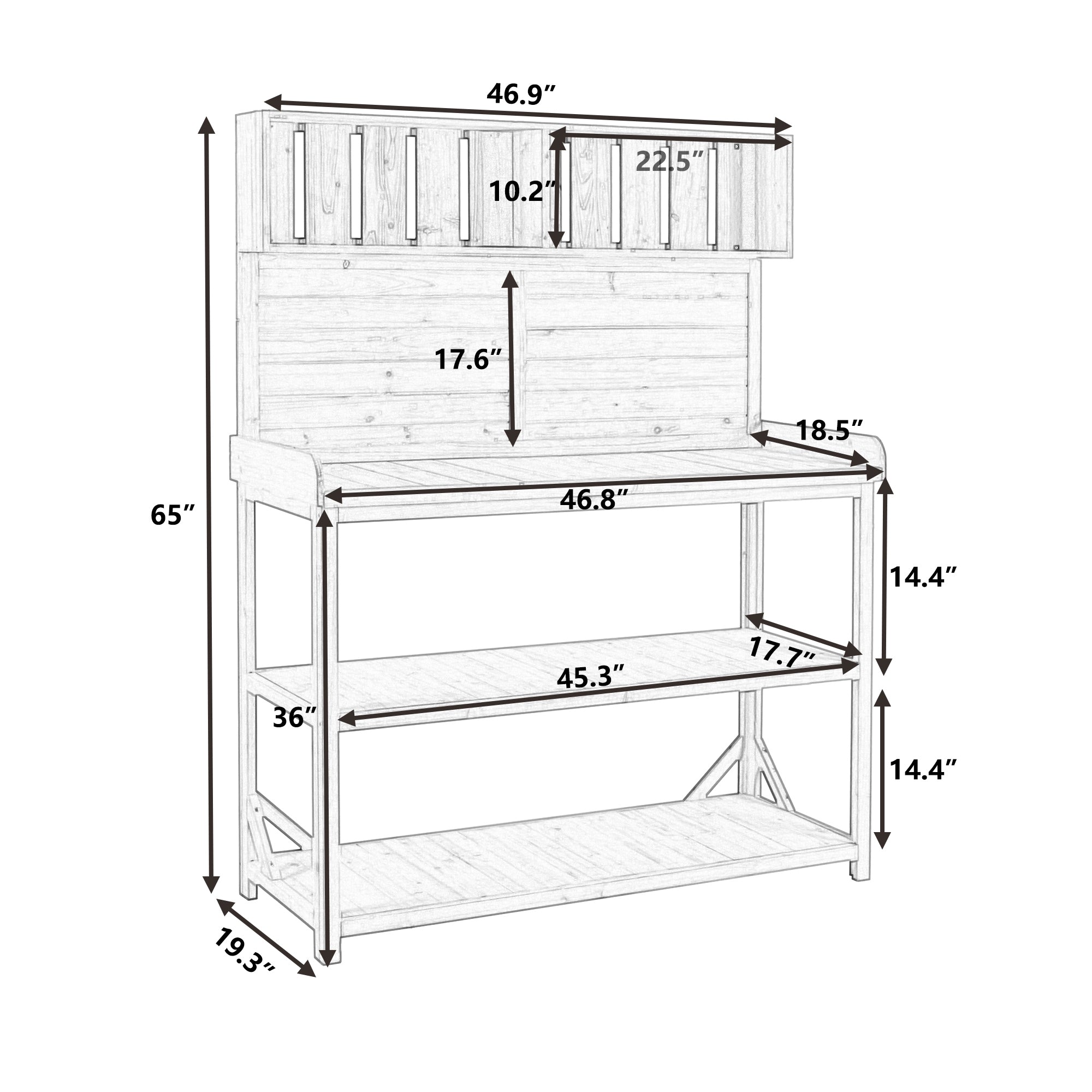19.30 in. x 46.90 in. Outdoor Green Wooden Garden Potting Bench Table with 4 Storage Shelves and Side Hook
