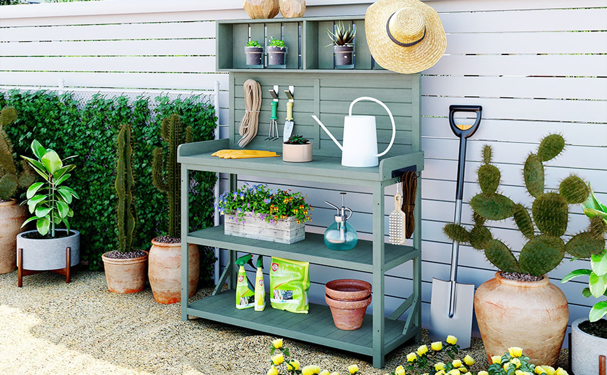 19.30 in. x 46.90 in. Outdoor Green Wooden Garden Potting Bench Table with 4 Storage Shelves and Side Hook