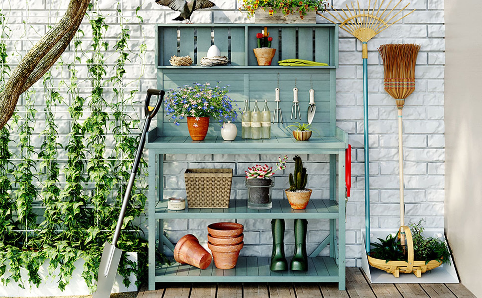 19.30 in. x 46.90 in. Outdoor Green Wooden Garden Potting Bench Table with 4 Storage Shelves and Side Hook
