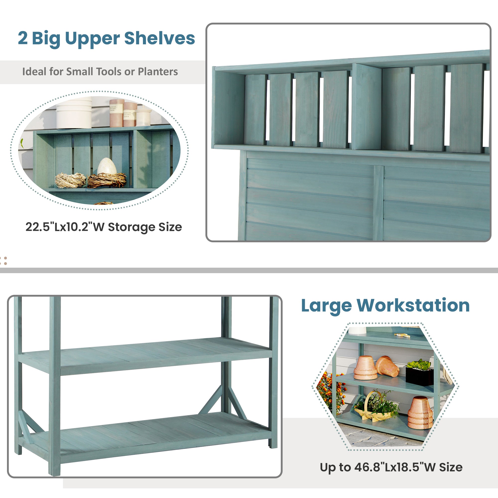 19.30 in. x 46.90 in. Outdoor Green Wooden Garden Potting Bench Table with 4 Storage Shelves and Side Hook