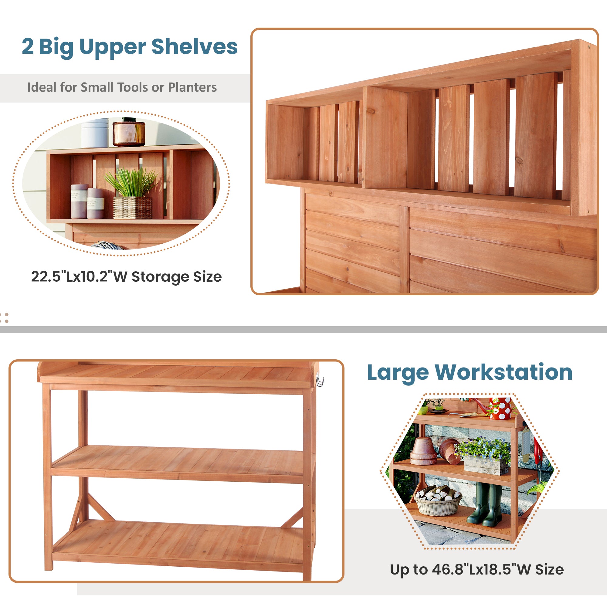 19.30 in. x 46.90 in. Outdoor Green Wooden Garden Potting Bench Table with 4 Storage Shelves and Side Hook