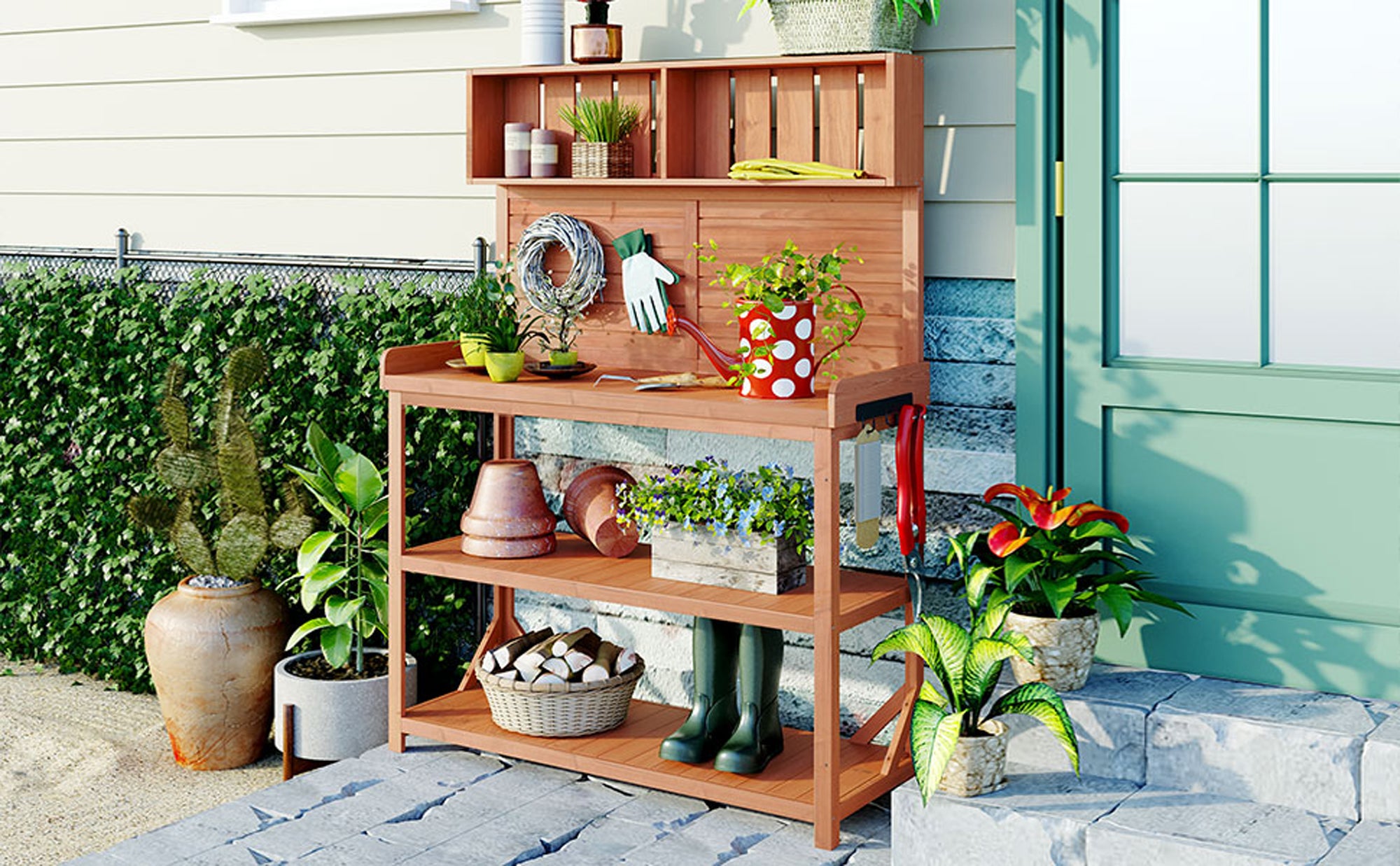 19.30 in. x 46.90 in. Outdoor Green Wooden Garden Potting Bench Table with 4 Storage Shelves and Side Hook