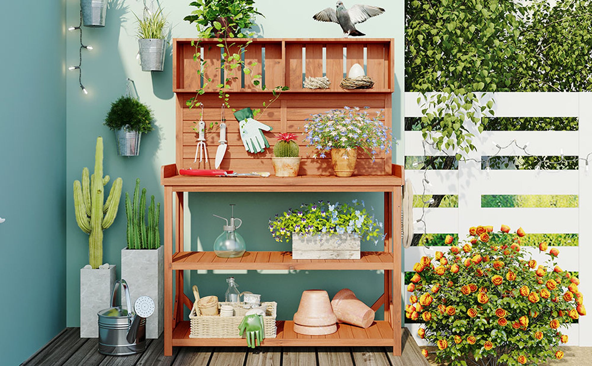 19.30 in. x 46.90 in. Outdoor Green Wooden Garden Potting Bench Table with 4 Storage Shelves and Side Hook
