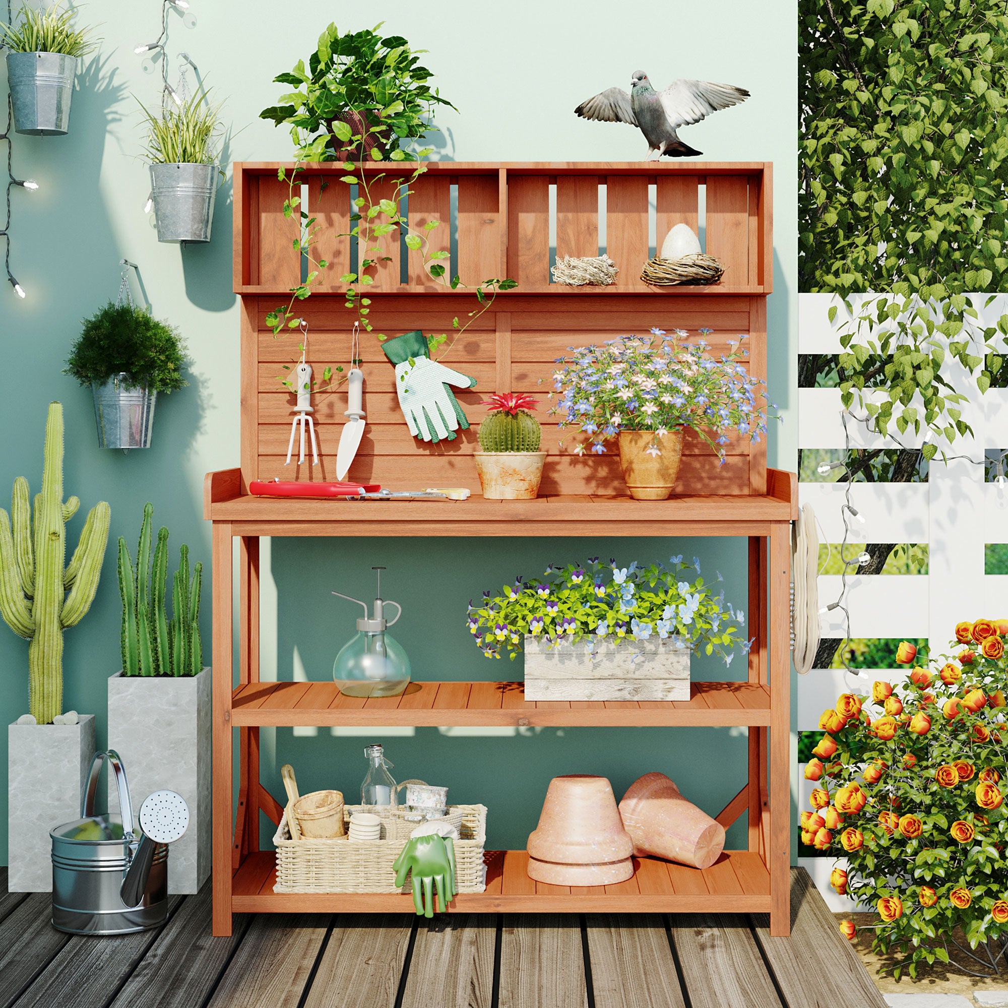 19.30 in. x 46.90 in. Outdoor Green Wooden Garden Potting Bench Table with 4 Storage Shelves and Side Hook