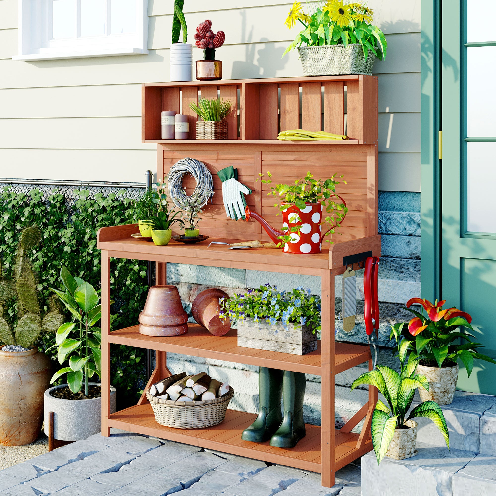 19.30 in. x 46.90 in. Outdoor Green Wooden Garden Potting Bench Table with 4 Storage Shelves and Side Hook