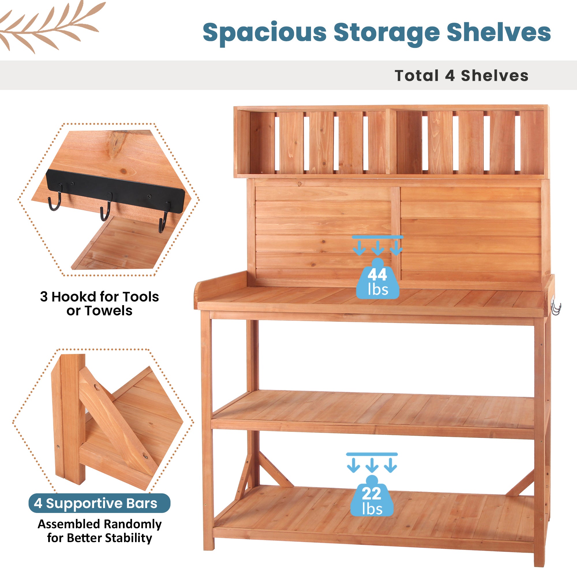 19.30 in. x 46.90 in. Outdoor Green Wooden Garden Potting Bench Table with 4 Storage Shelves and Side Hook
