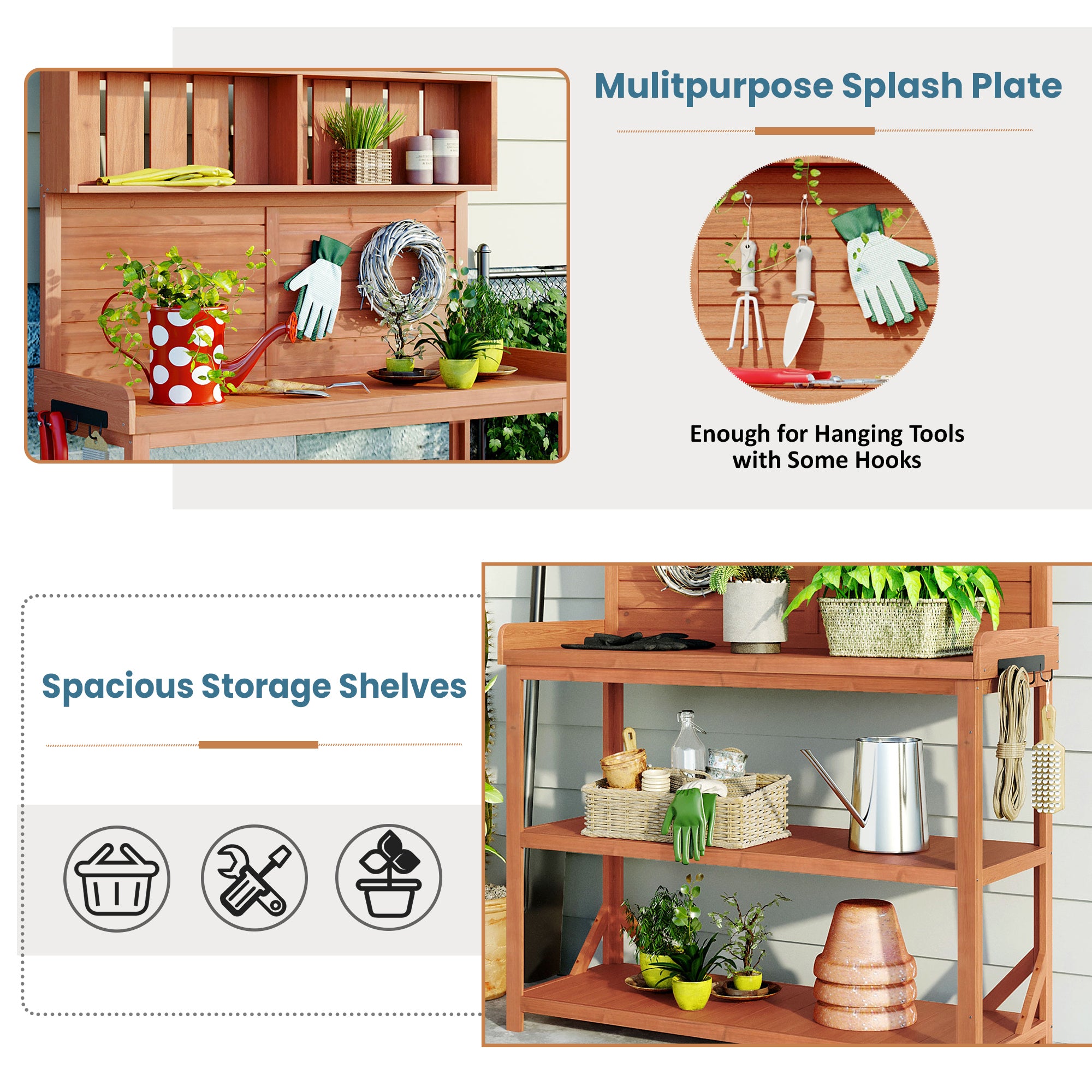 19.30 in. x 46.90 in. Outdoor Green Wooden Garden Potting Bench Table with 4 Storage Shelves and Side Hook
