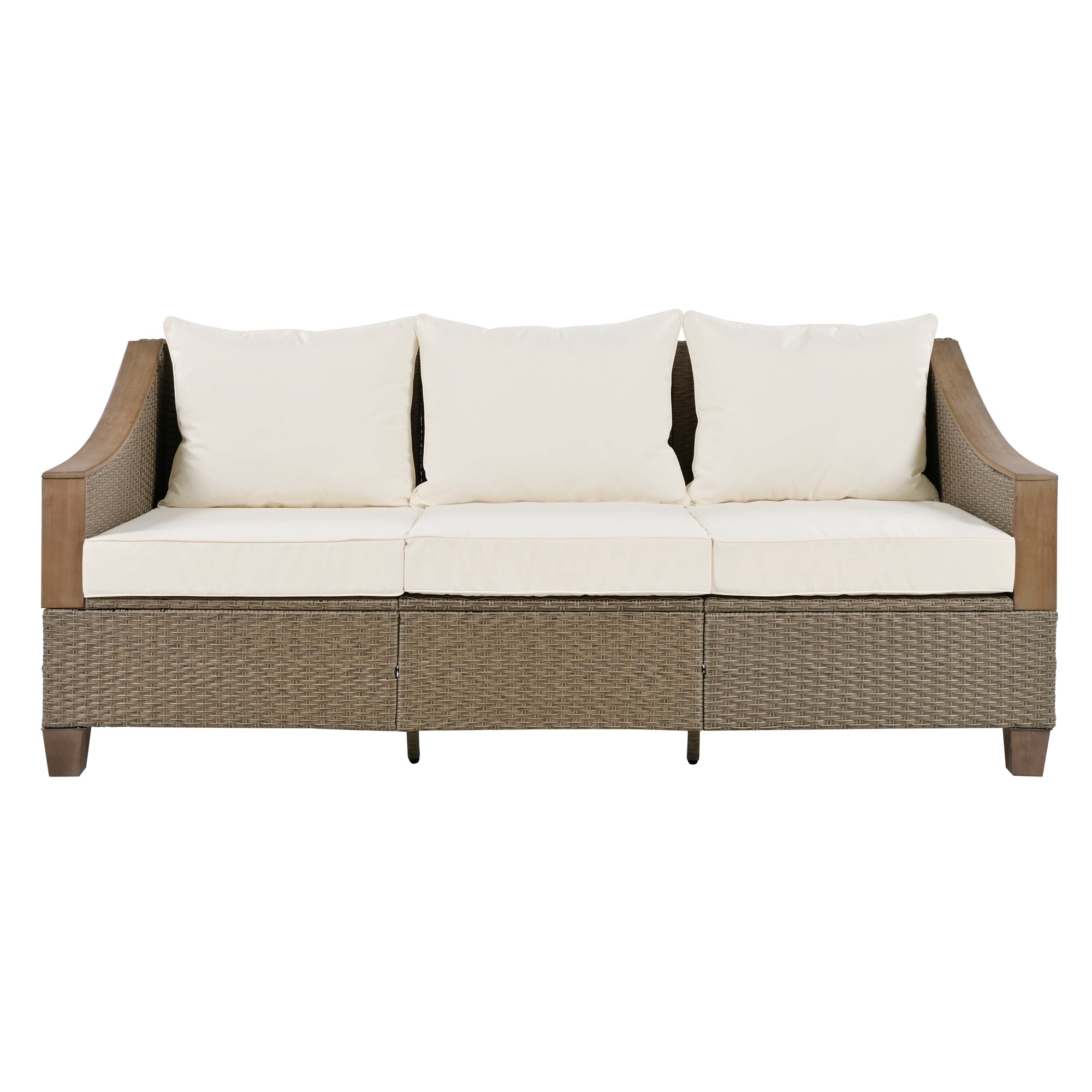 4-Piece Rattan Outdoor Conversation Sofa Set with Wooden Coffee Table and Cushions