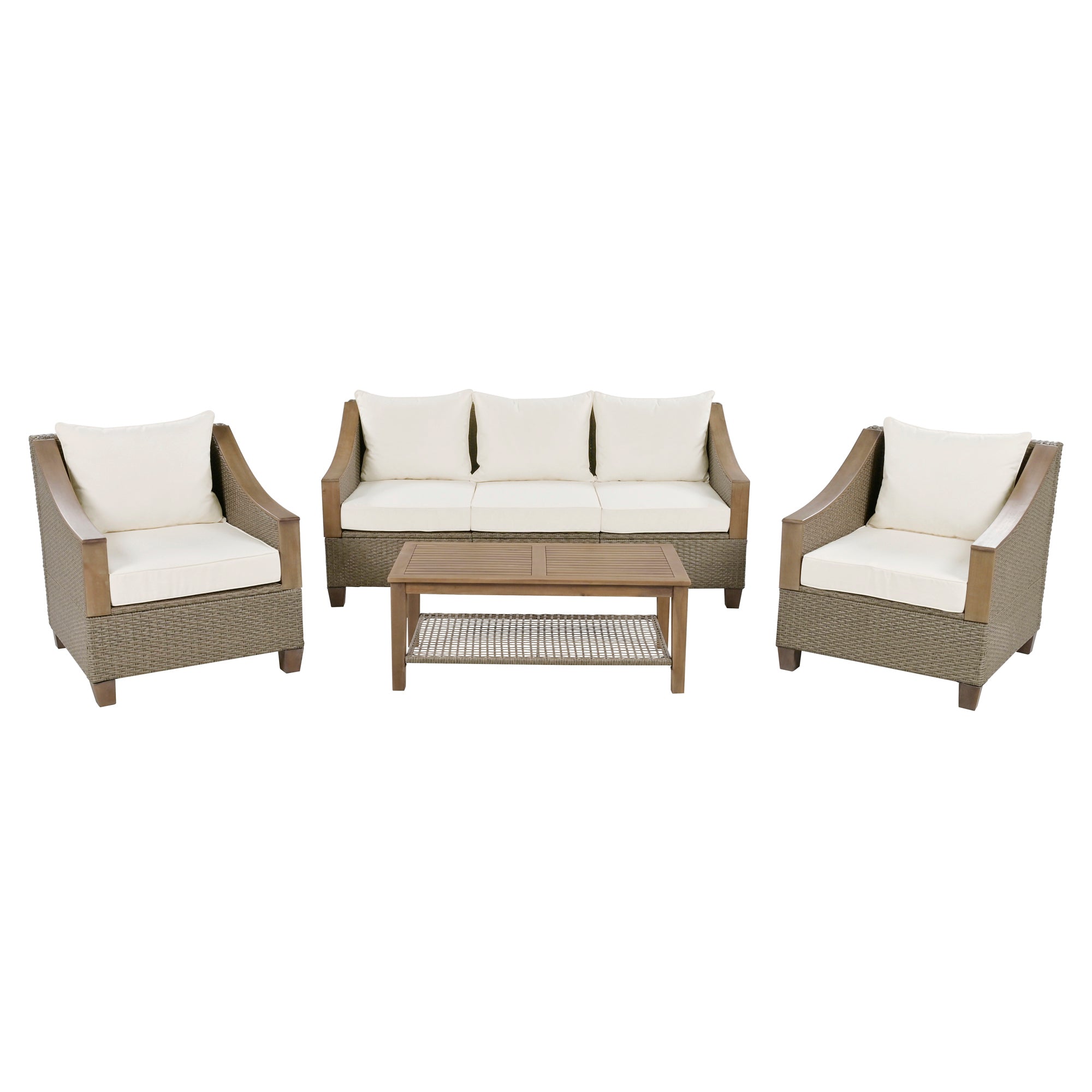 4-Piece Rattan Outdoor Conversation Sofa Set with Wooden Coffee Table and Cushions