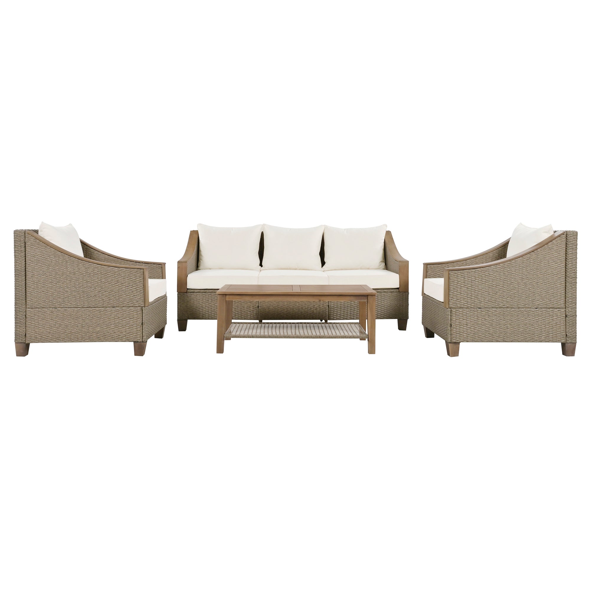 4-Piece Rattan Outdoor Conversation Sofa Set with Wooden Coffee Table and Cushions