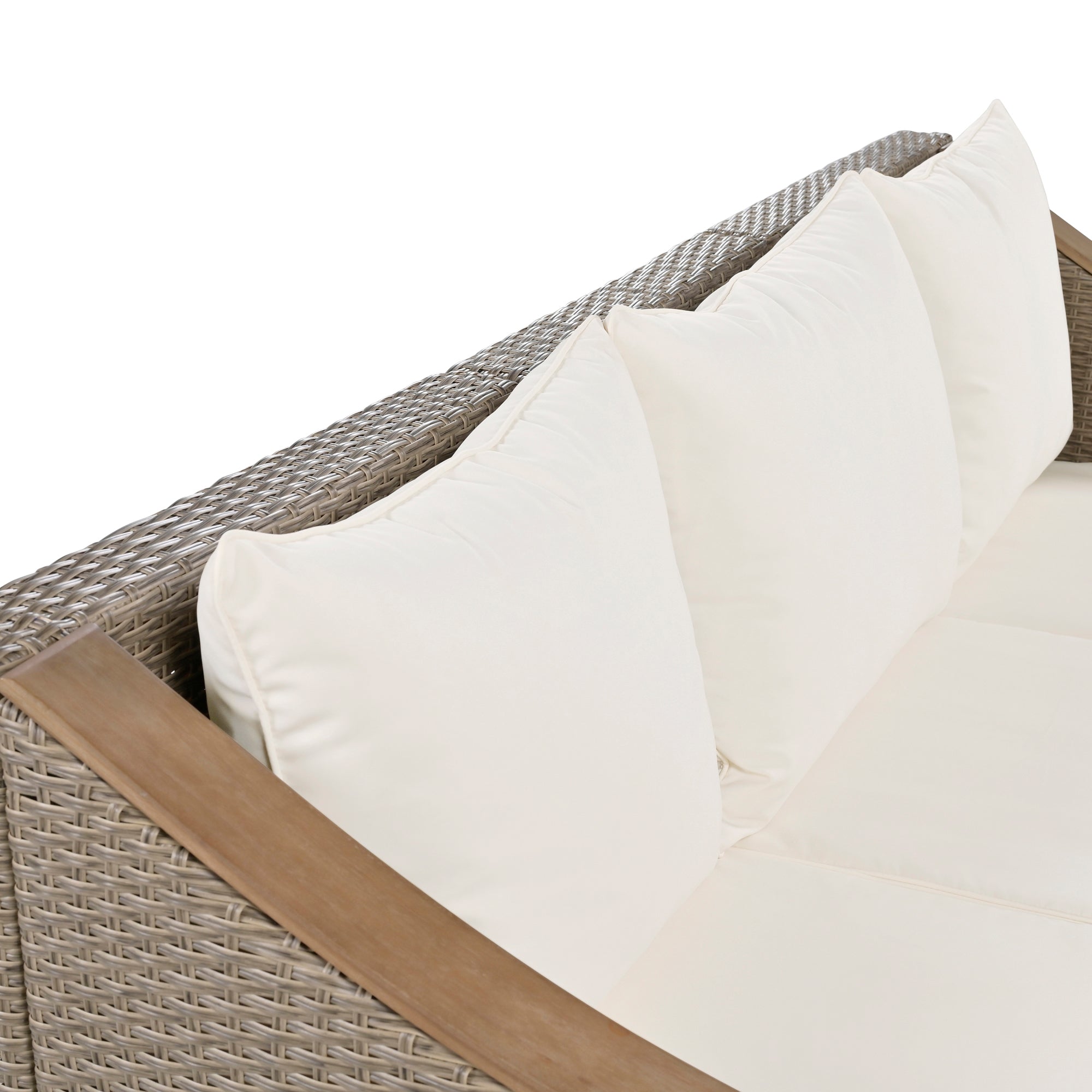 4-Piece Rattan Outdoor Conversation Sofa Set with Wooden Coffee Table and Cushions