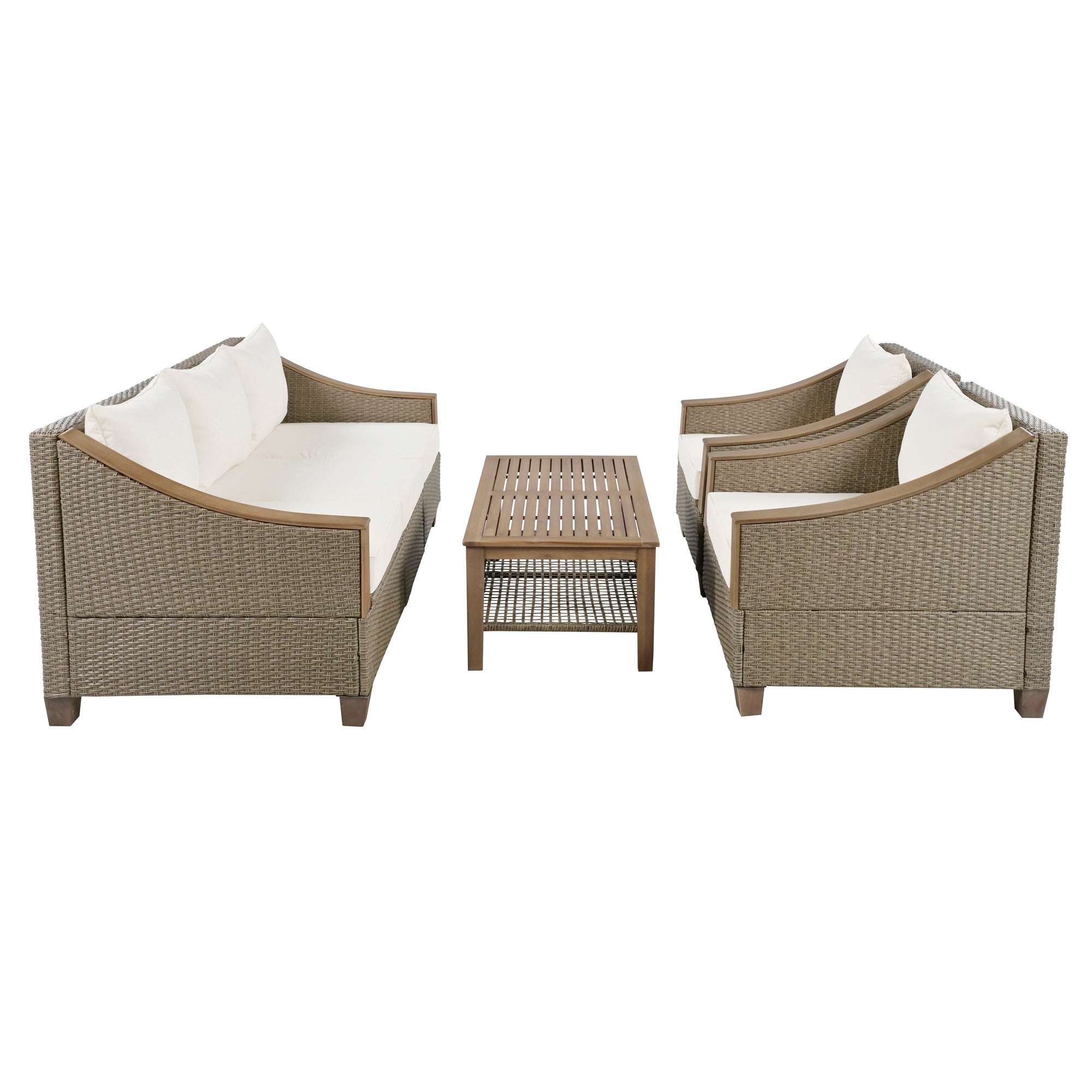 4-Piece Rattan Outdoor Conversation Sofa Set with Wooden Coffee Table and Cushions