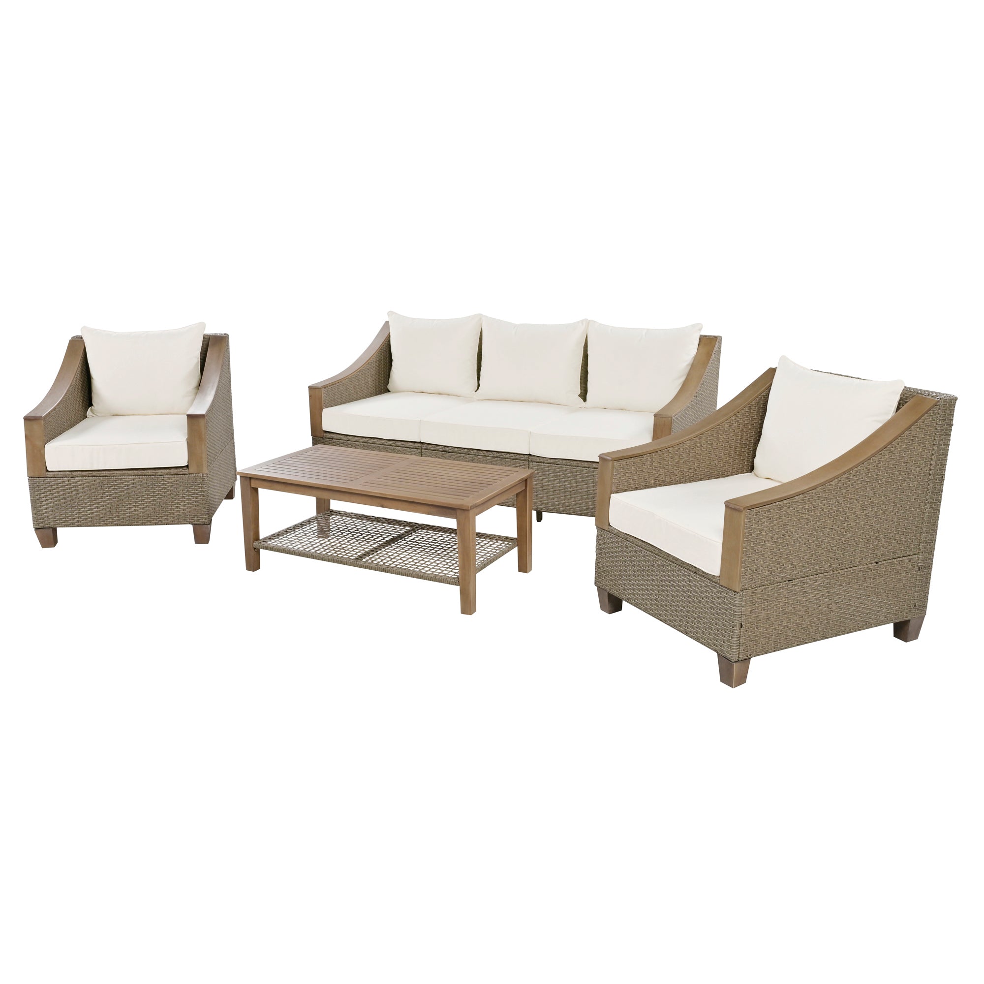 4-Piece Rattan Outdoor Conversation Sofa Set with Wooden Coffee Table and Cushions