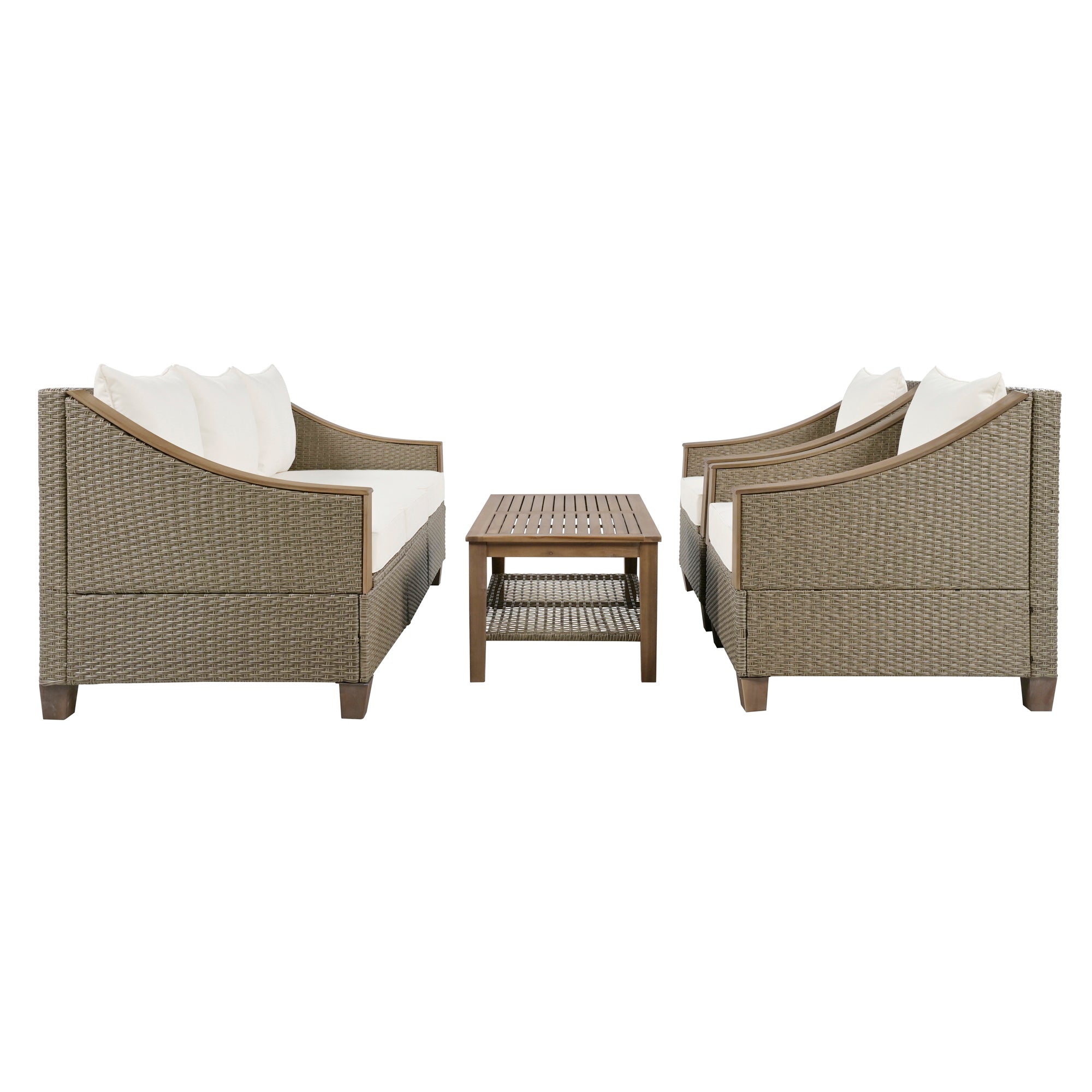 4-Piece Rattan Outdoor Conversation Sofa Set with Wooden Coffee Table and Cushions