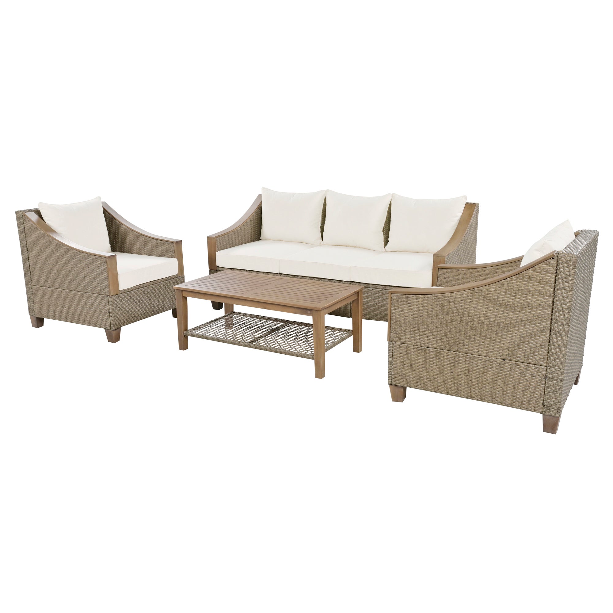 4-Piece Rattan Outdoor Conversation Sofa Set with Wooden Coffee Table and Cushions
