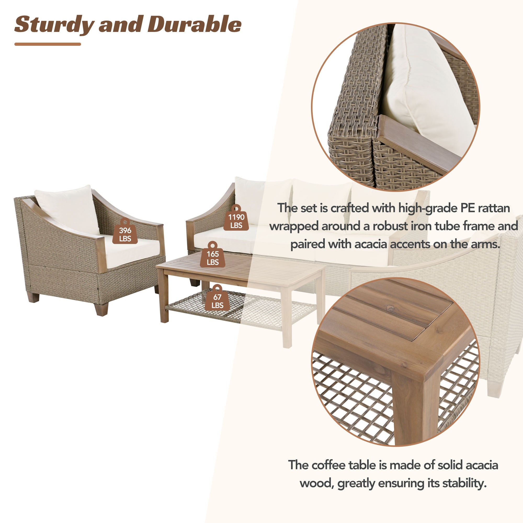 4-Piece Rattan Outdoor Conversation Sofa Set with Wooden Coffee Table and Cushions