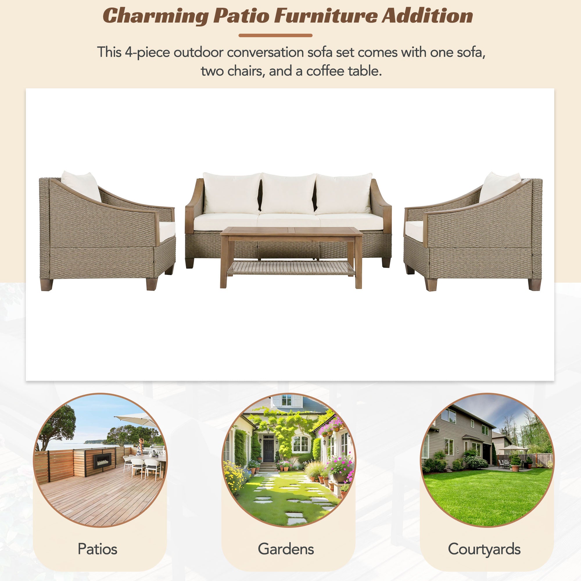 4-Piece Rattan Outdoor Conversation Sofa Set with Wooden Coffee Table and Cushions