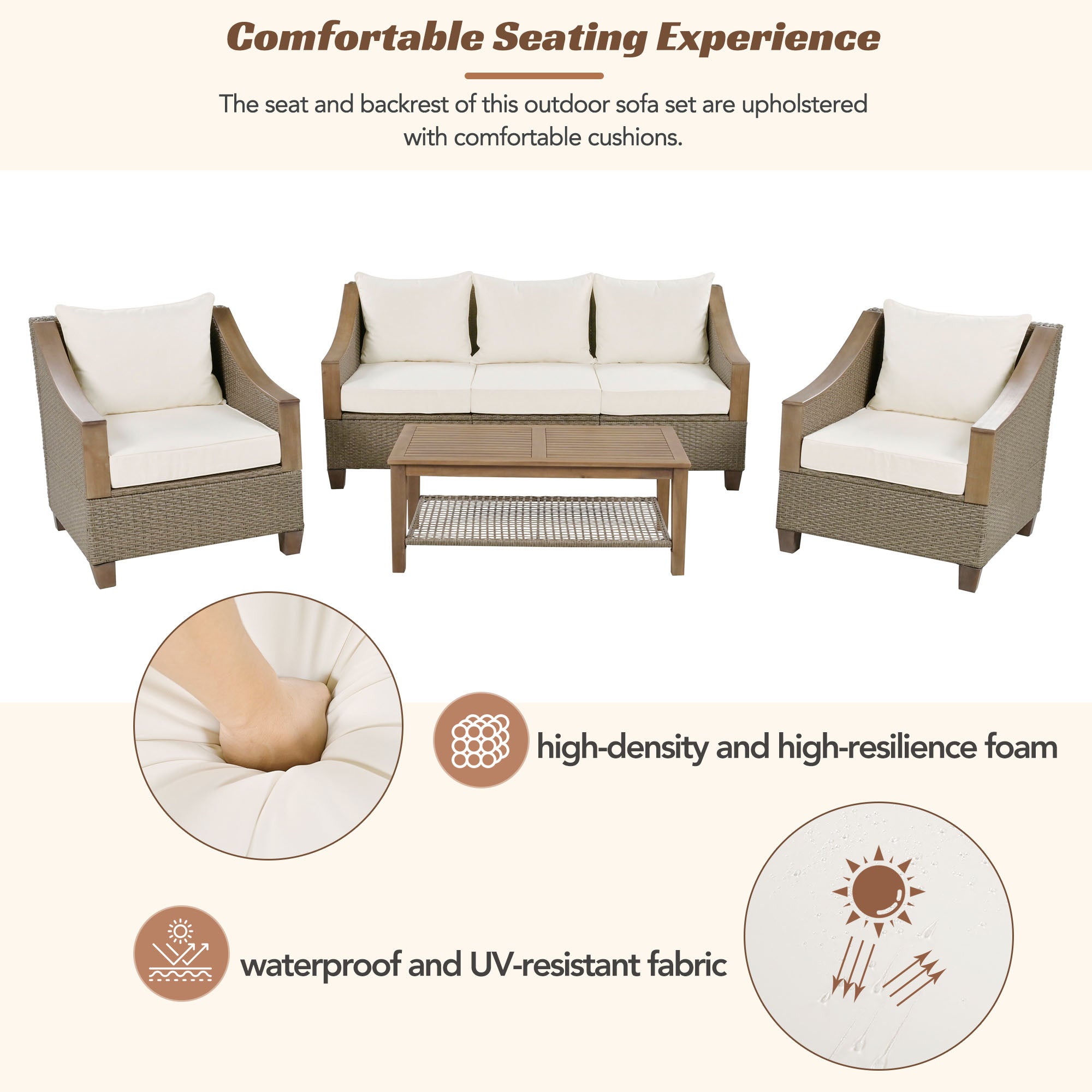 4-Piece Rattan Outdoor Conversation Sofa Set with Wooden Coffee Table and Cushions