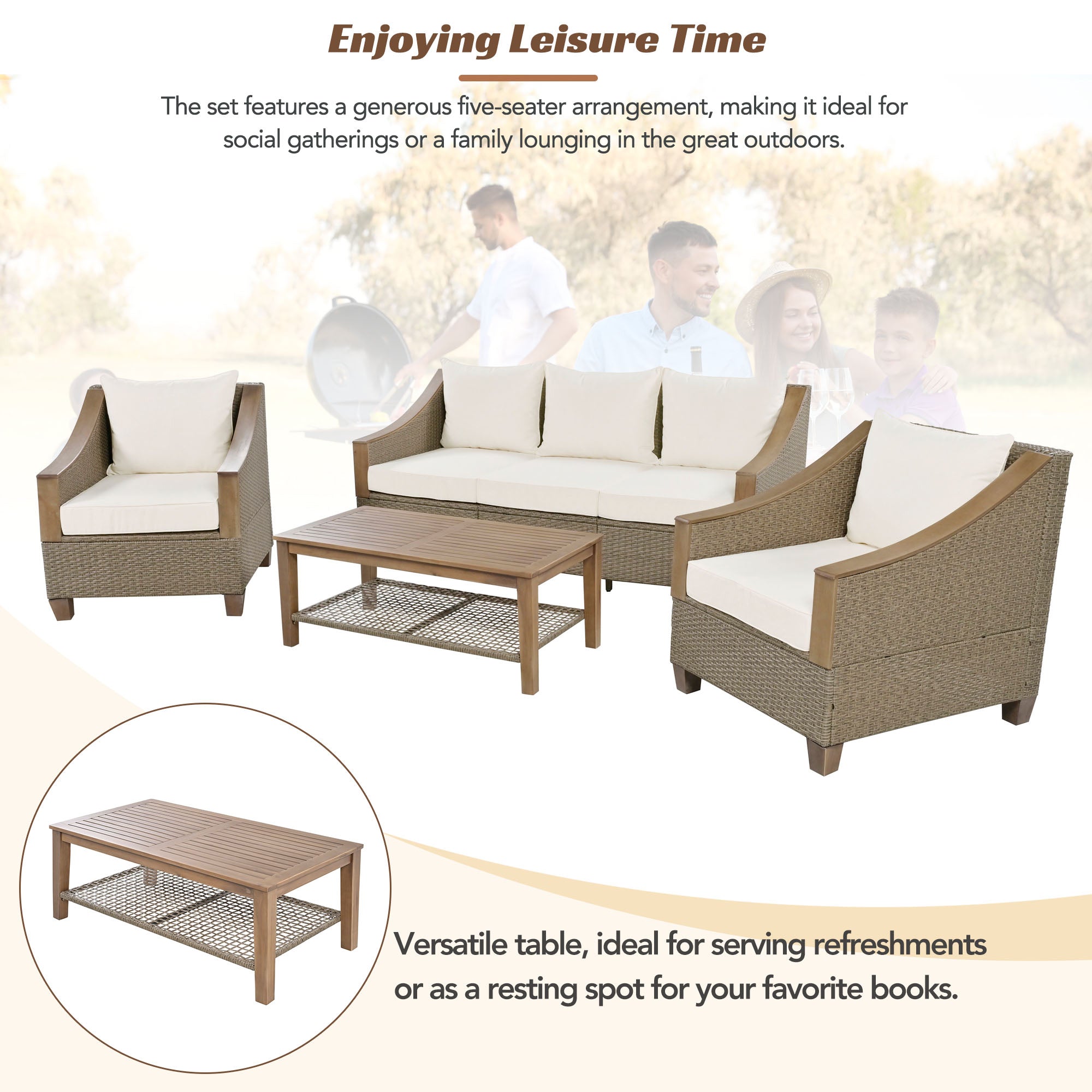 4-Piece Rattan Outdoor Conversation Sofa Set with Wooden Coffee Table and Cushions