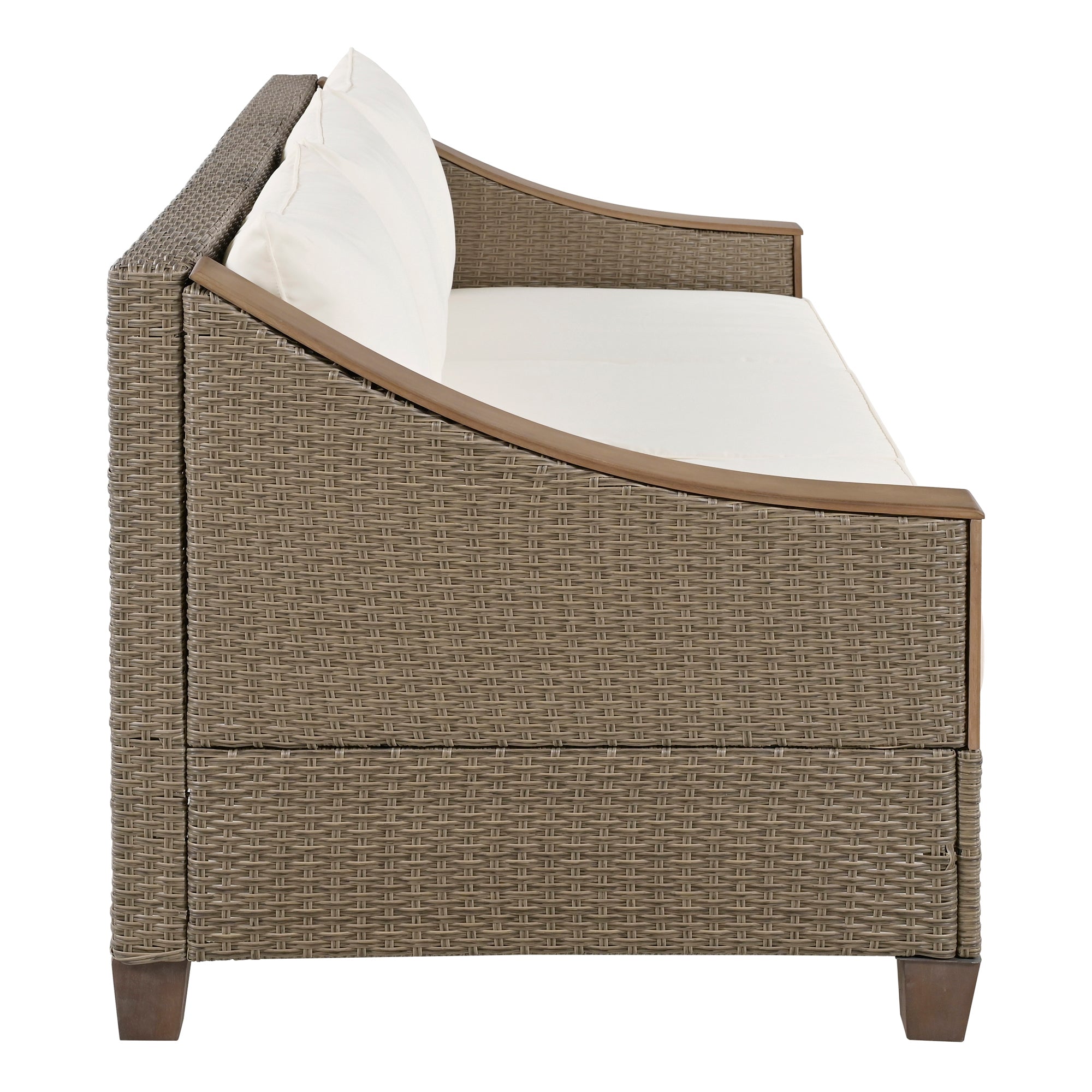 4-Piece Rattan Outdoor Conversation Sofa Set with Wooden Coffee Table and Cushions