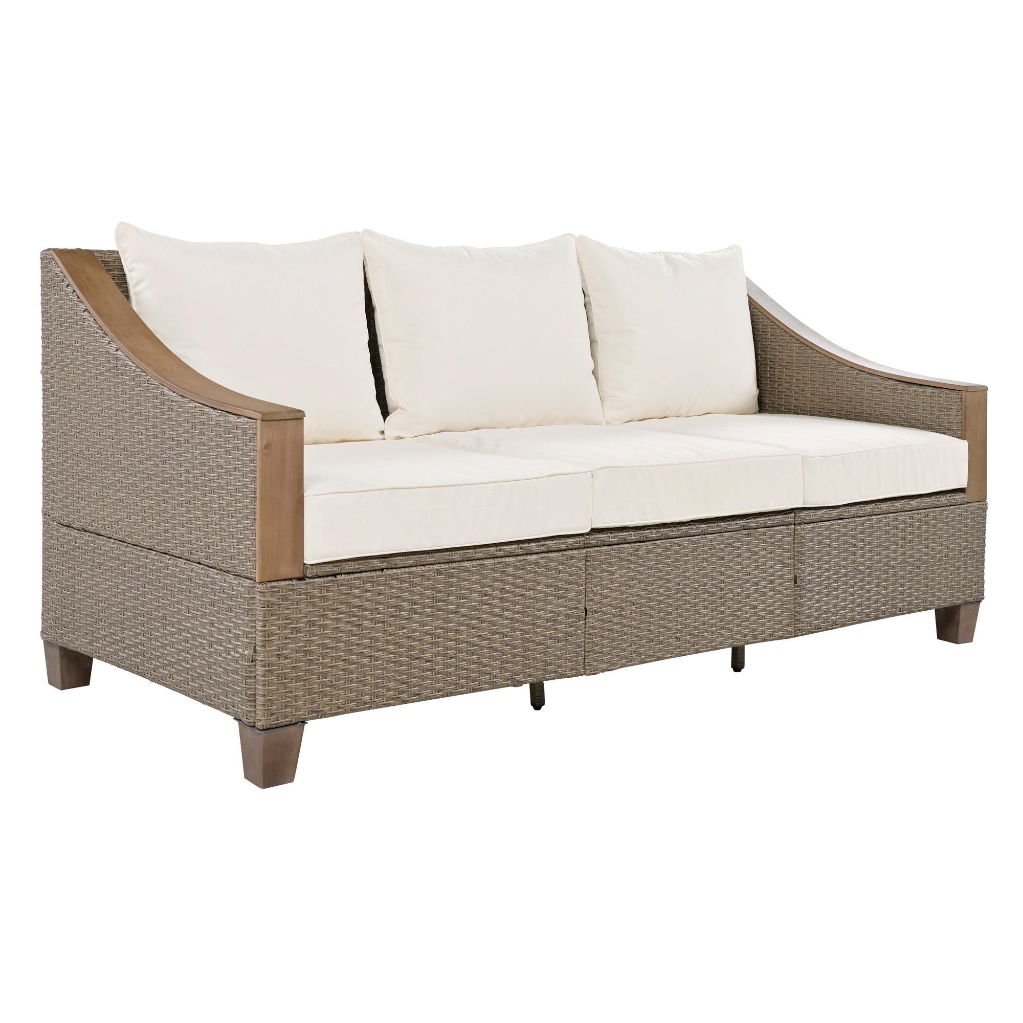 4-Piece Rattan Outdoor Conversation Sofa Set with Wooden Coffee Table and Cushions