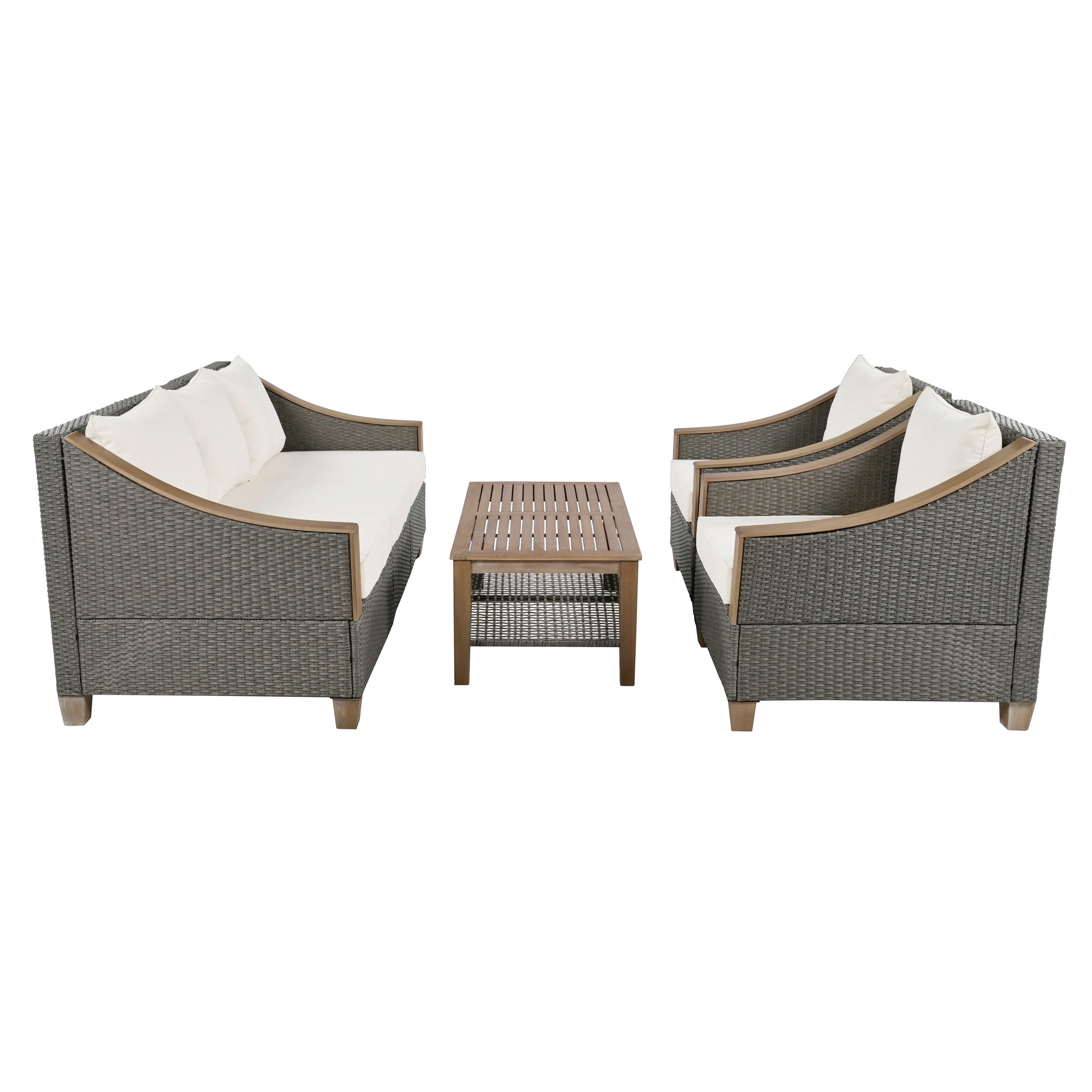 4-Piece Rattan Outdoor Conversation Sofa Set with Wooden Coffee Table and Cushions