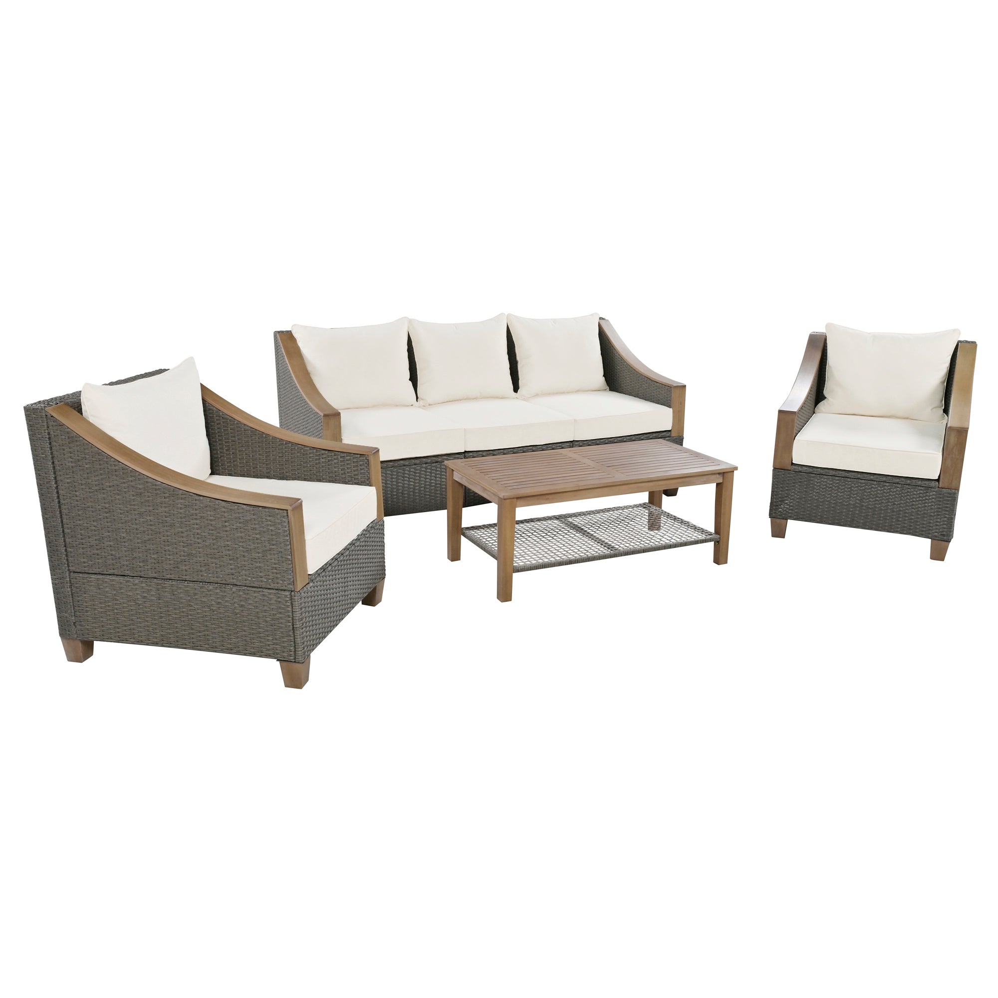 4-Piece Rattan Outdoor Conversation Sofa Set with Wooden Coffee Table and Cushions