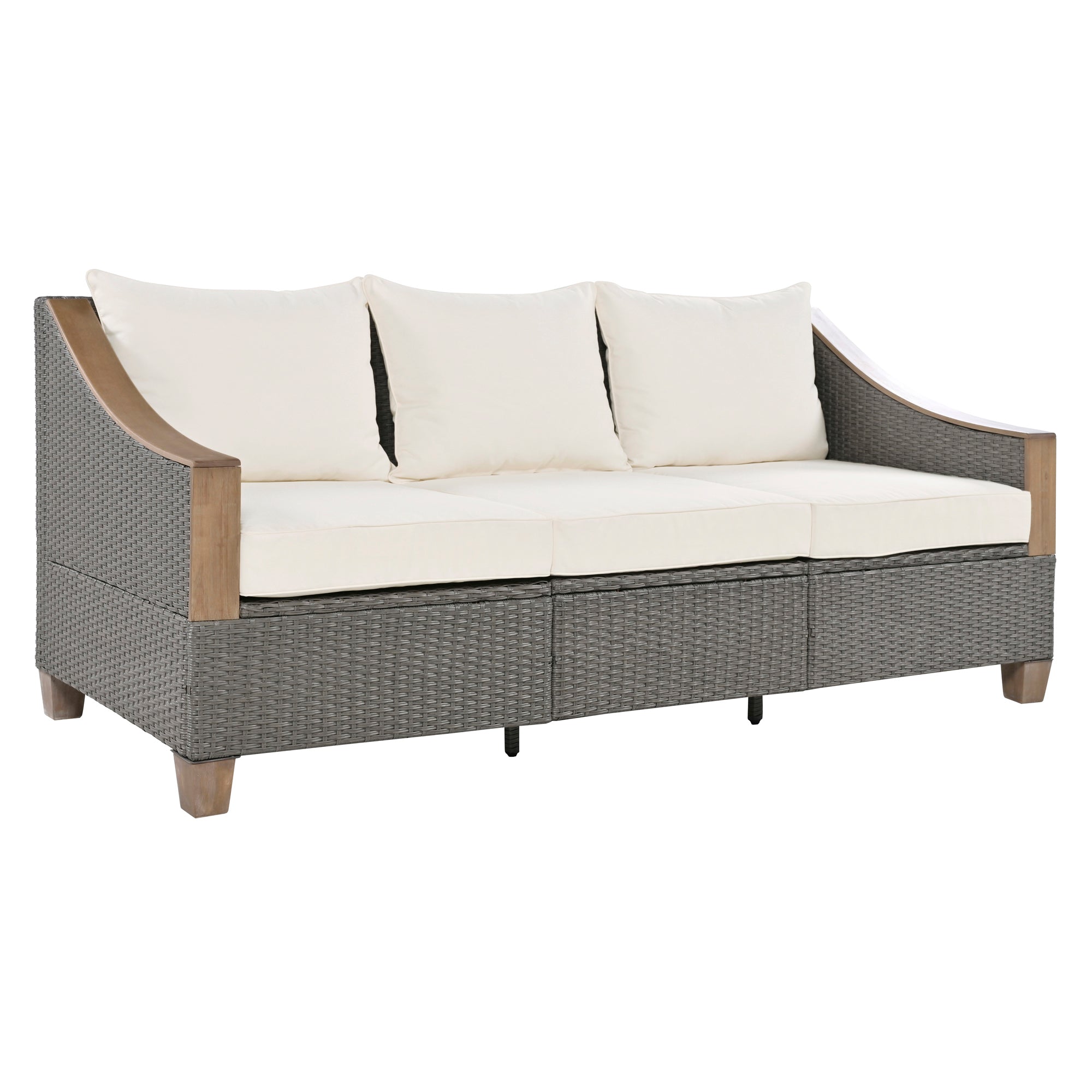 4-Piece Rattan Outdoor Conversation Sofa Set with Wooden Coffee Table and Cushions