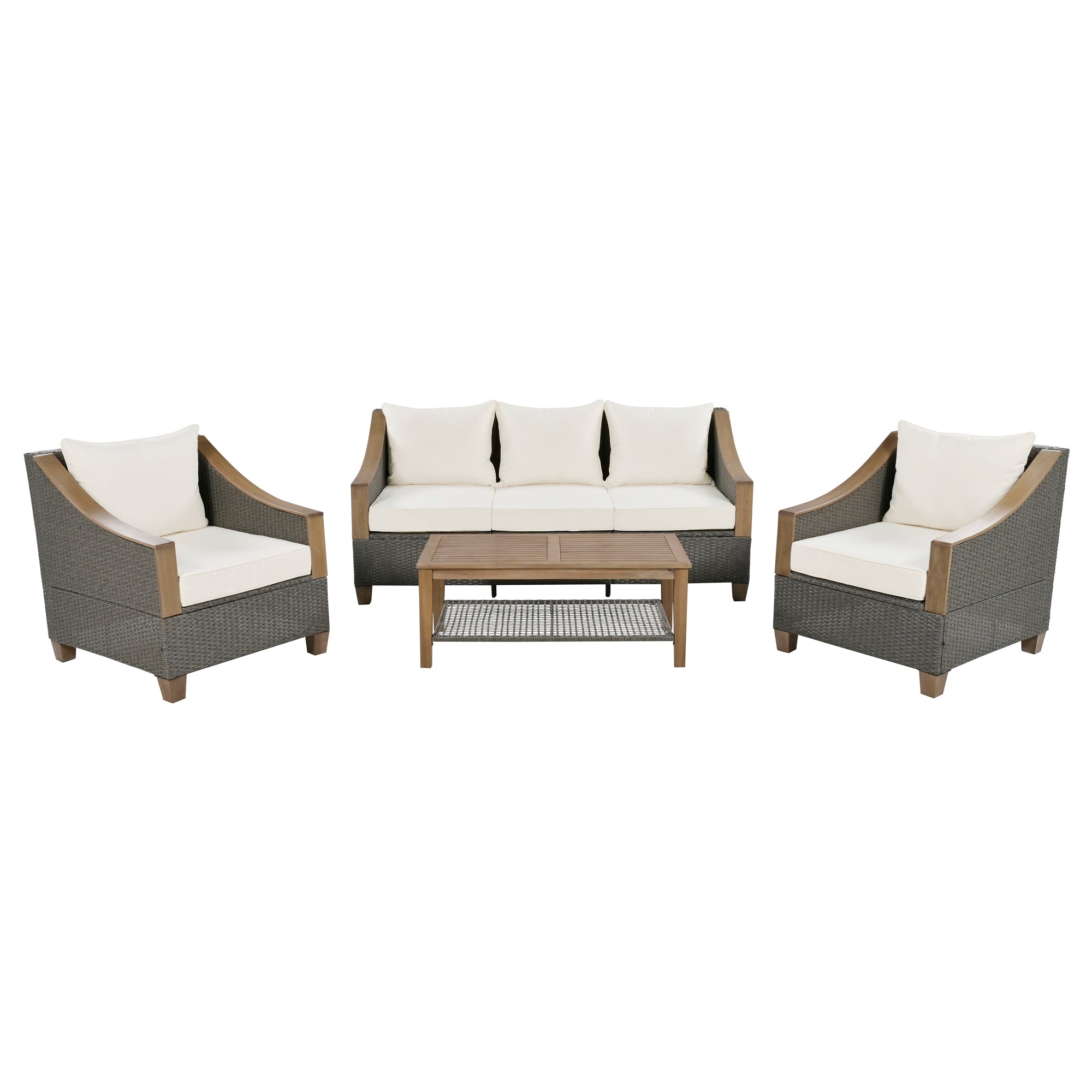 4-Piece Rattan Outdoor Conversation Sofa Set with Wooden Coffee Table and Cushions