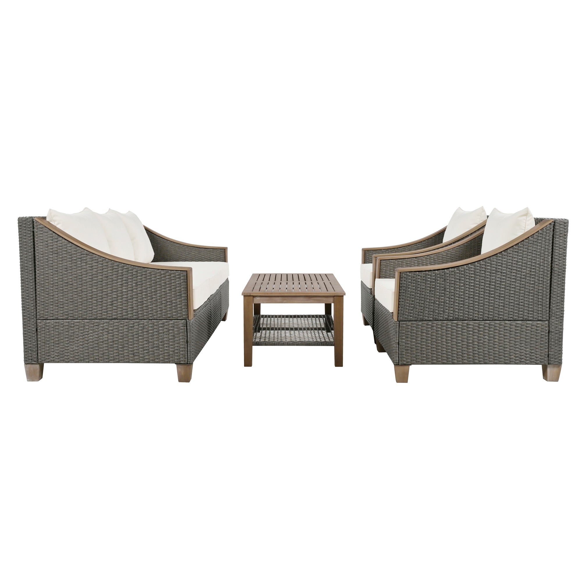 4-Piece Rattan Outdoor Conversation Sofa Set with Wooden Coffee Table and Cushions