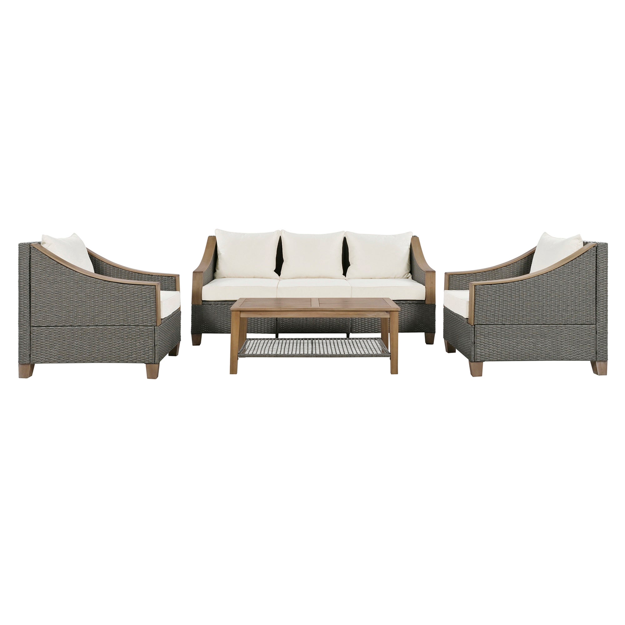 4-Piece Rattan Outdoor Conversation Sofa Set with Wooden Coffee Table and Cushions