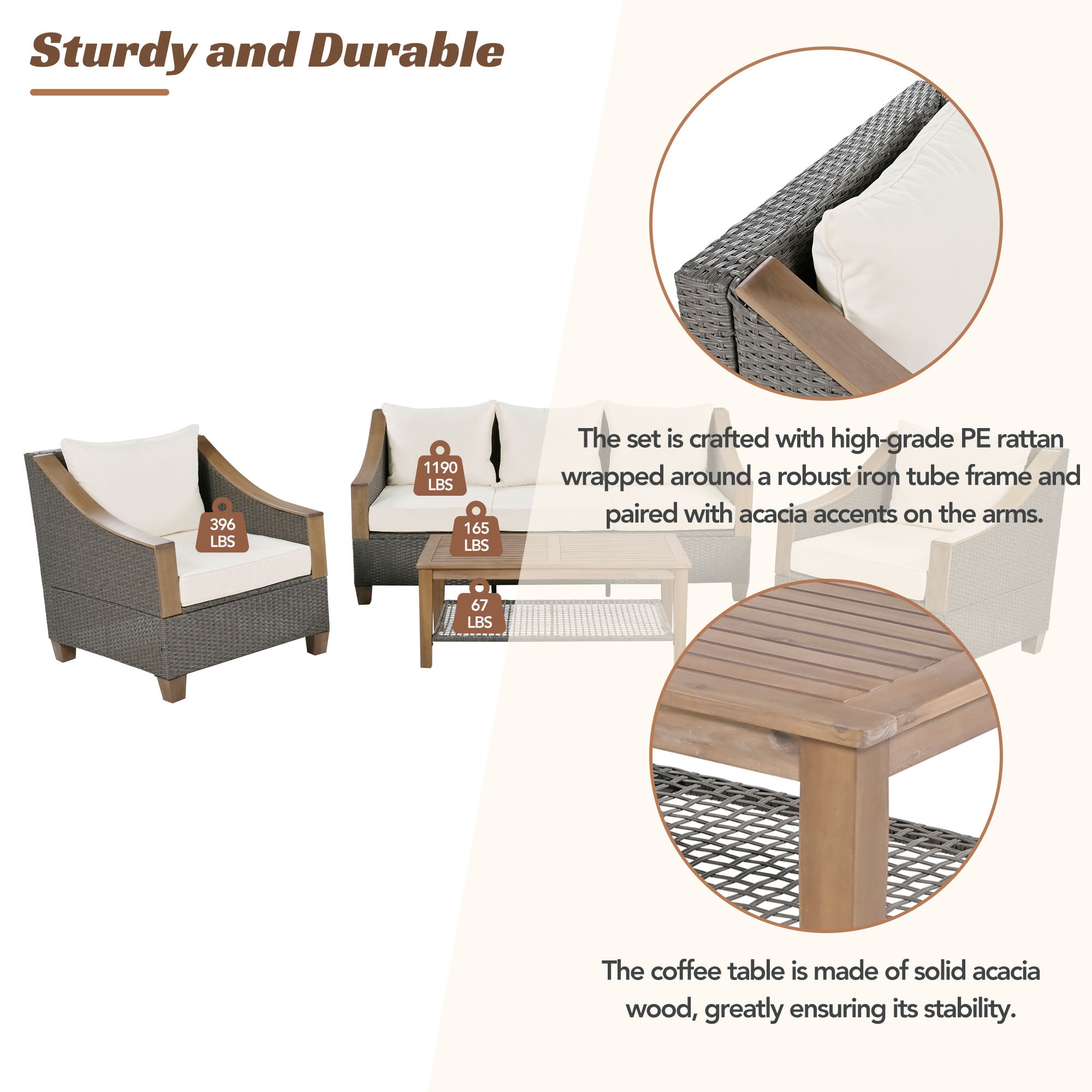 4-Piece Rattan Outdoor Conversation Sofa Set with Wooden Coffee Table and Cushions