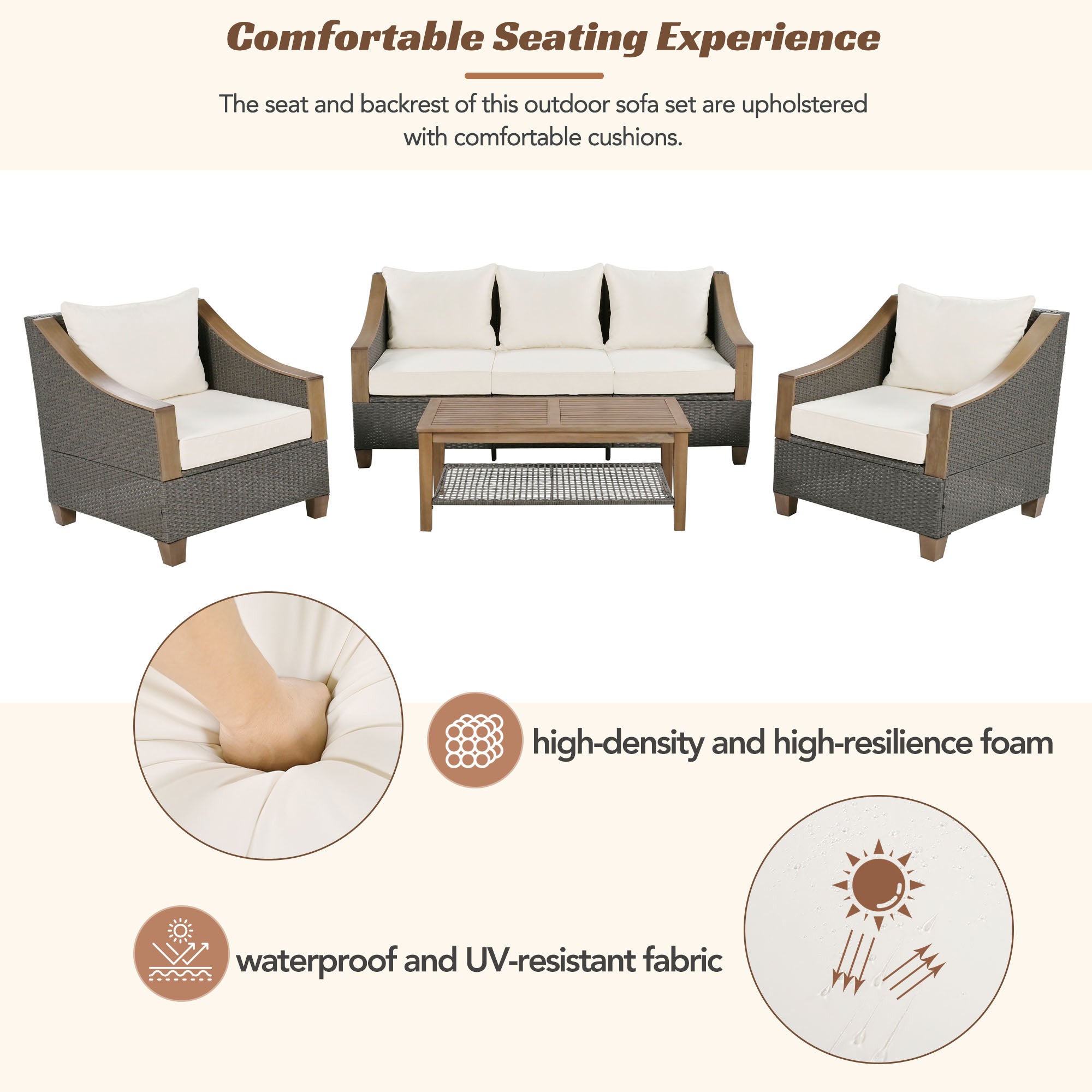 4-Piece Rattan Outdoor Conversation Sofa Set with Wooden Coffee Table and Cushions