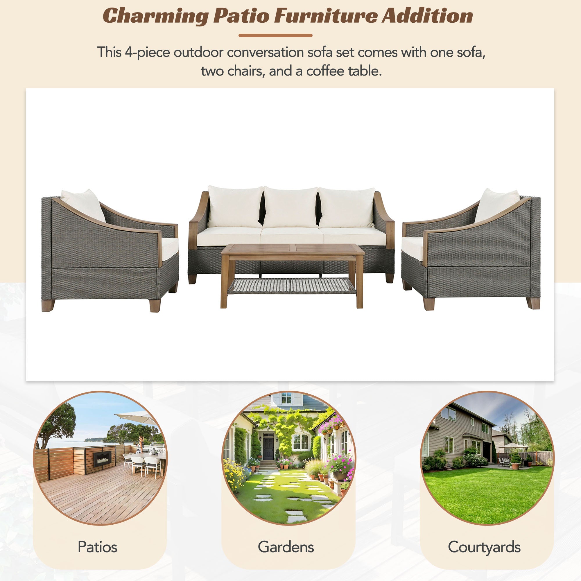4-Piece Rattan Outdoor Conversation Sofa Set with Wooden Coffee Table and Cushions