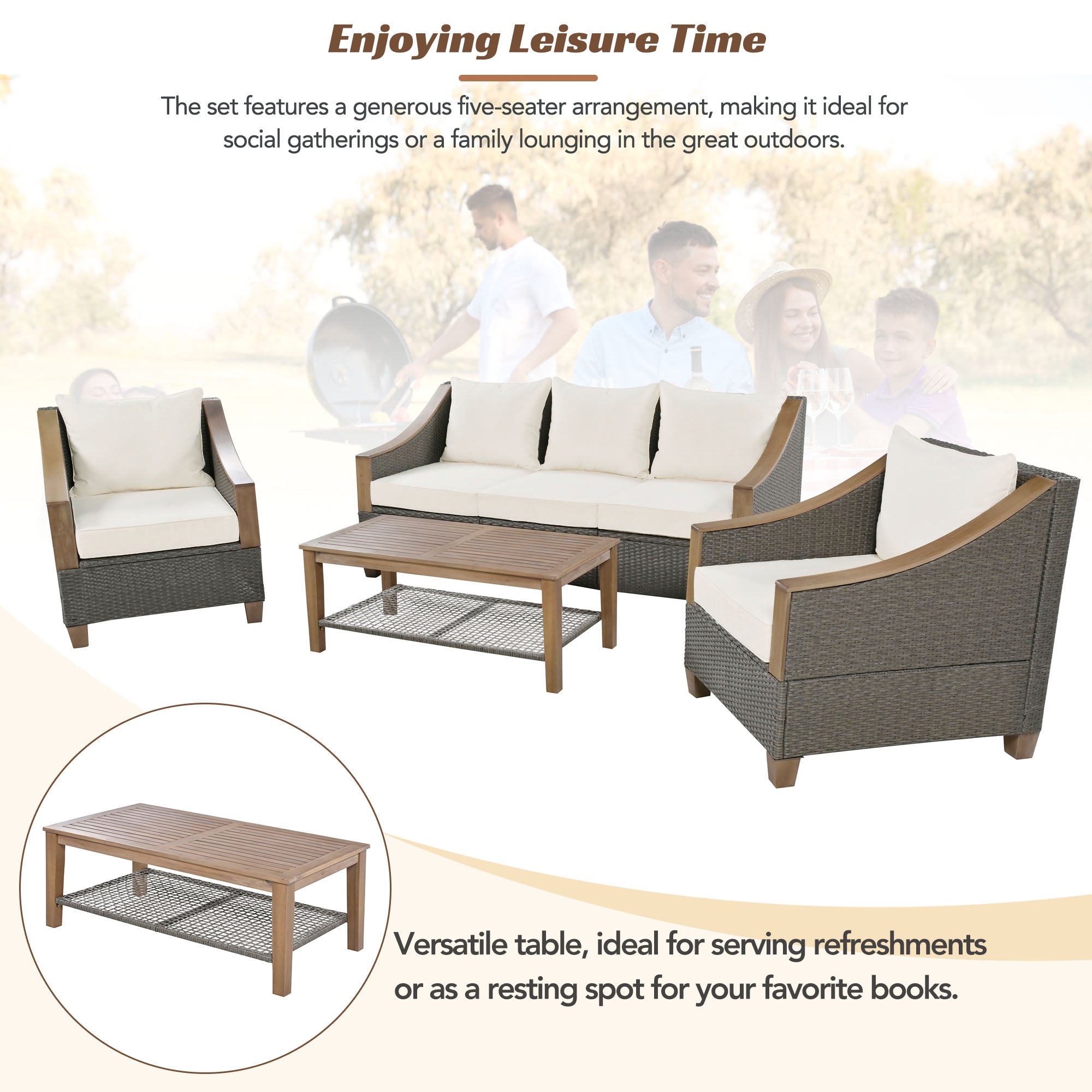 4-Piece Rattan Outdoor Conversation Sofa Set with Wooden Coffee Table and Cushions