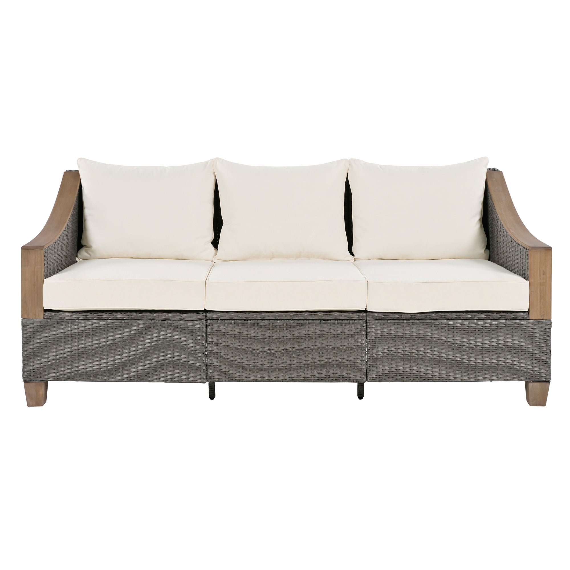 4-Piece Rattan Outdoor Conversation Sofa Set with Wooden Coffee Table and Cushions