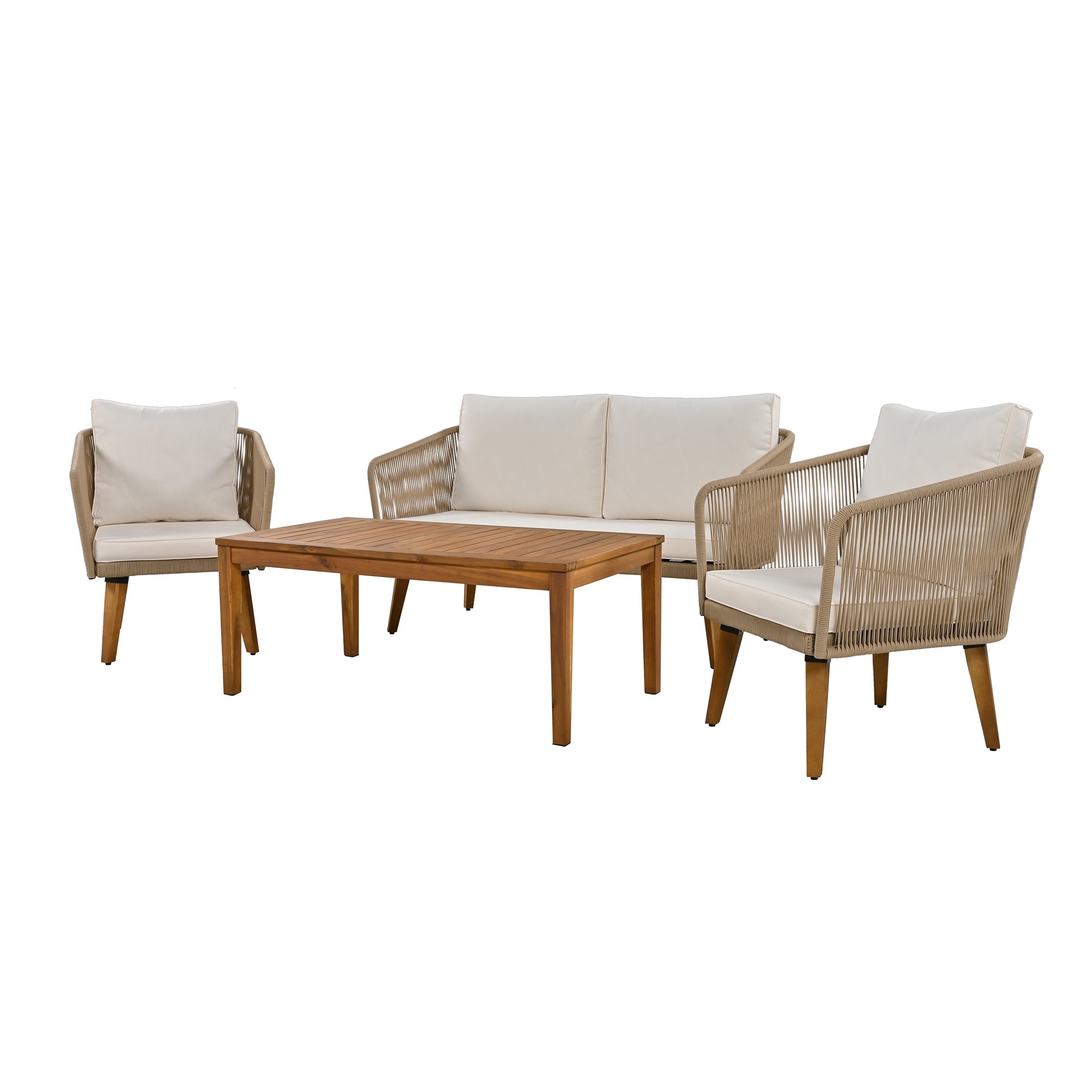 4-Piece Rope Outdoor Patio Conversation Set with and Solid Wood Table with Cushions