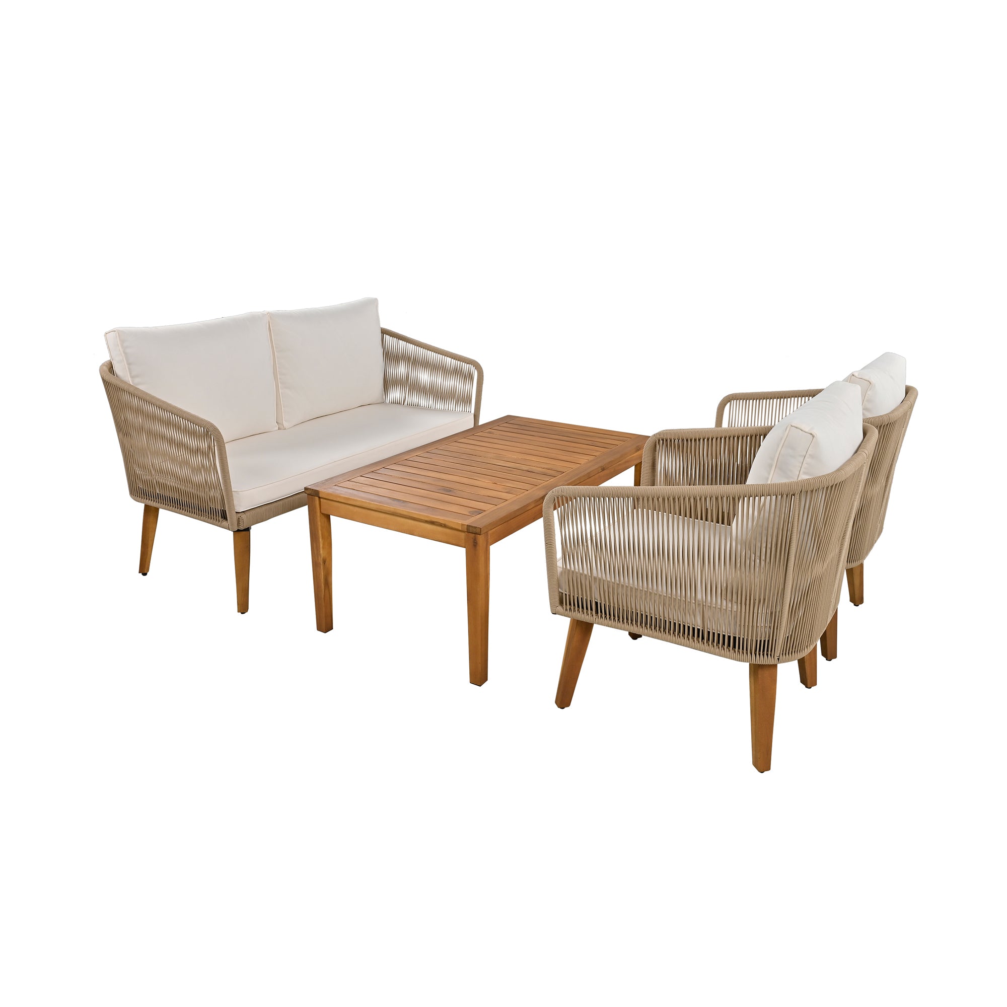 4-Piece Rope Outdoor Patio Conversation Set with and Solid Wood Table with Cushions