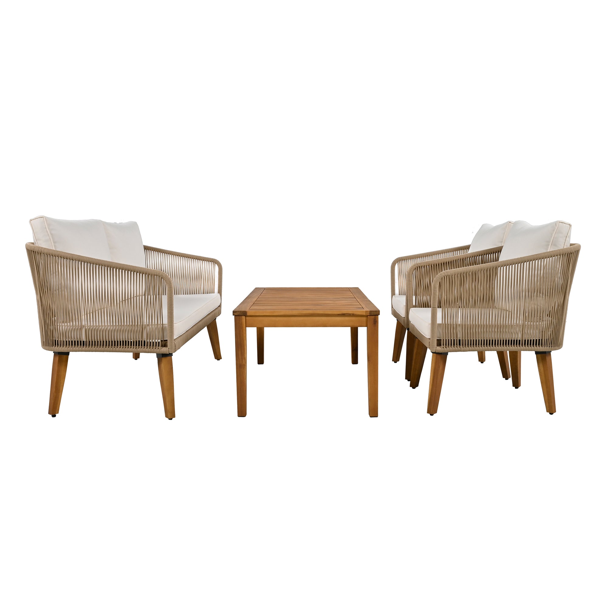 4-Piece Rope Outdoor Patio Conversation Set with and Solid Wood Table with Cushions