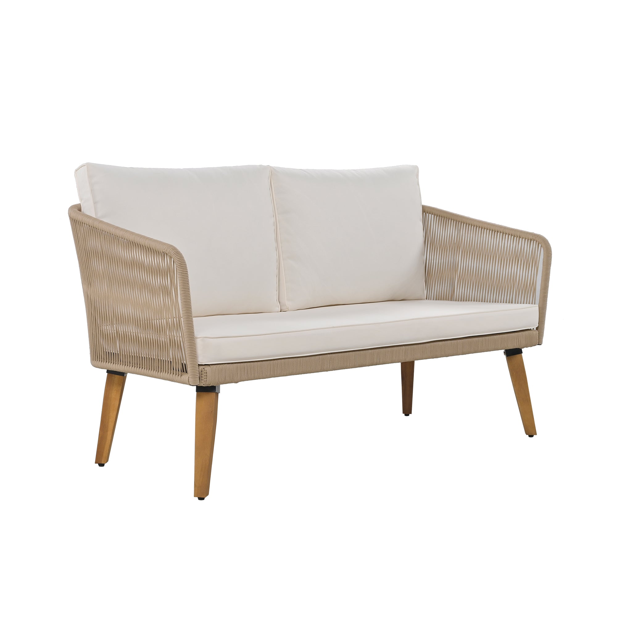 4-Piece Rope Outdoor Patio Conversation Set with and Solid Wood Table with Cushions