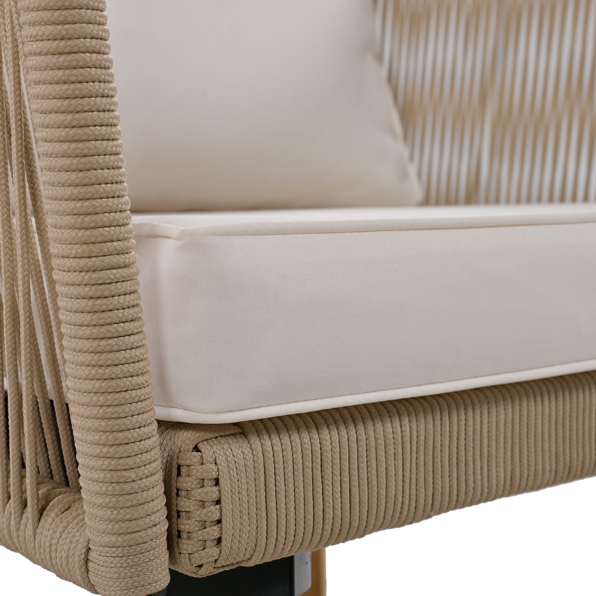 4-Piece Rope Outdoor Patio Conversation Set with and Solid Wood Table with Cushions