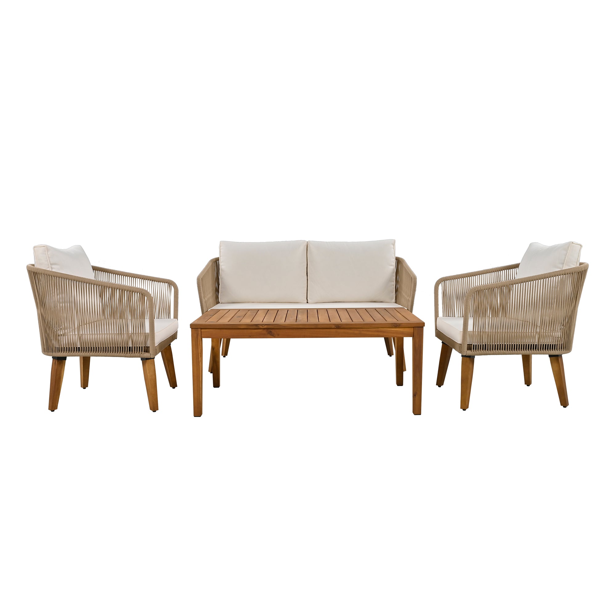 4-Piece Rope Outdoor Patio Conversation Set with and Solid Wood Table with Cushions