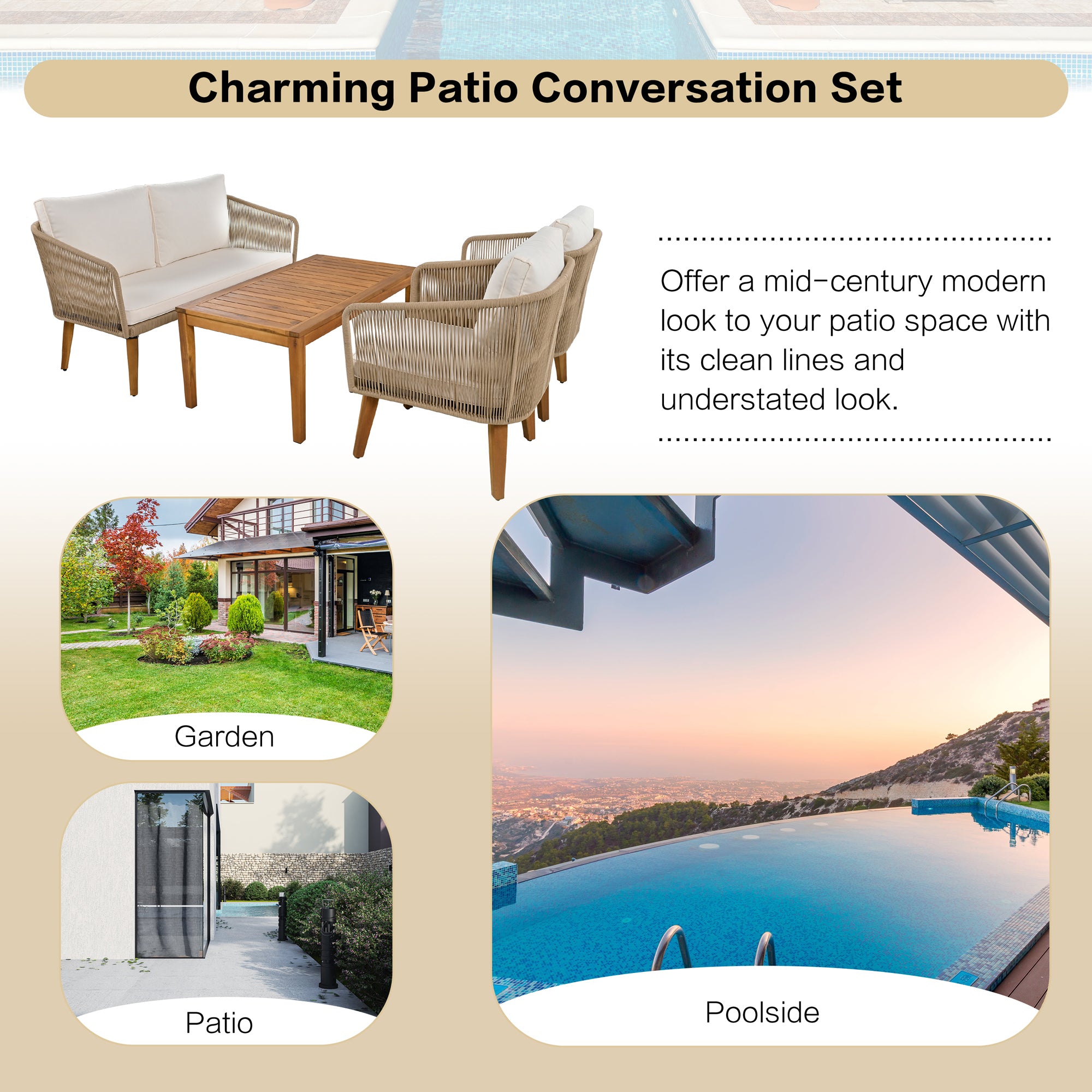 4-Piece Rope Outdoor Patio Conversation Set with and Solid Wood Table with Cushions