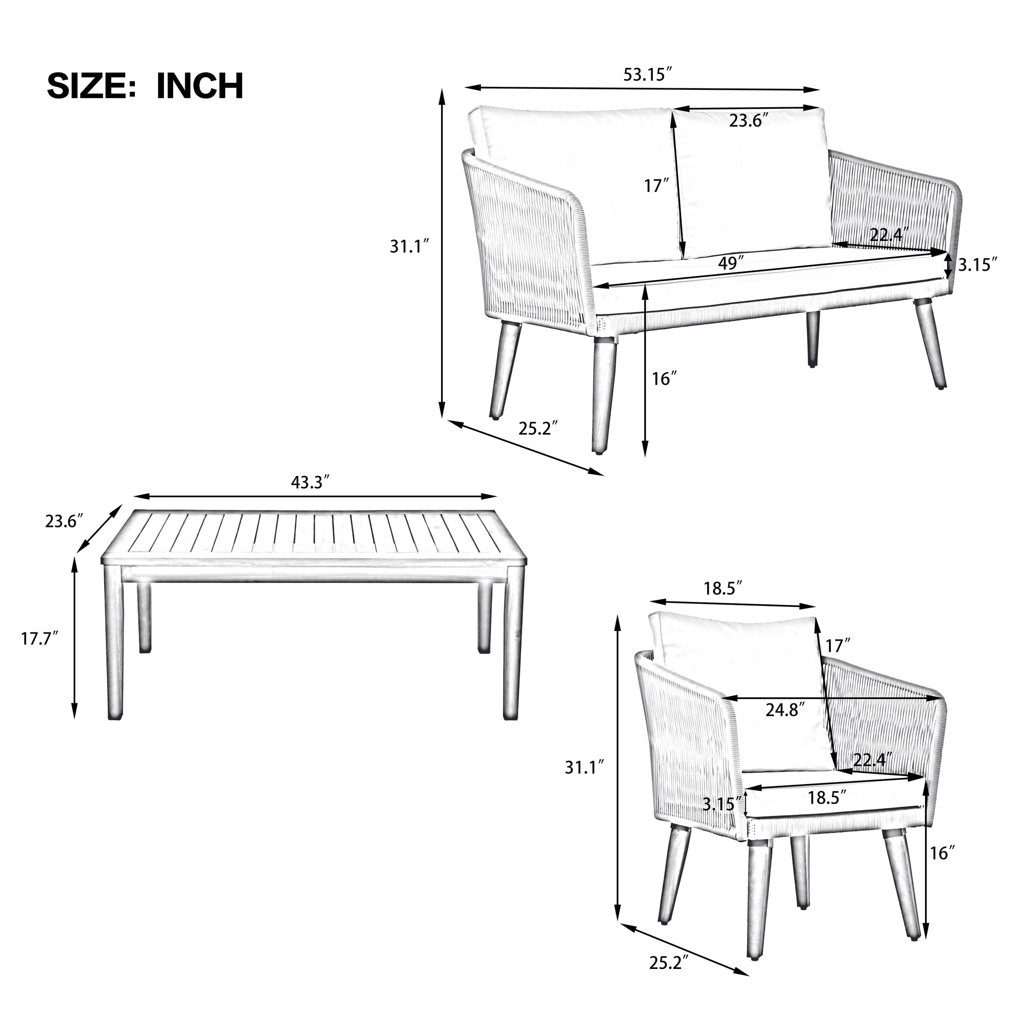 4-Piece Rope Outdoor Patio Conversation Set with and Solid Wood Table with Cushions