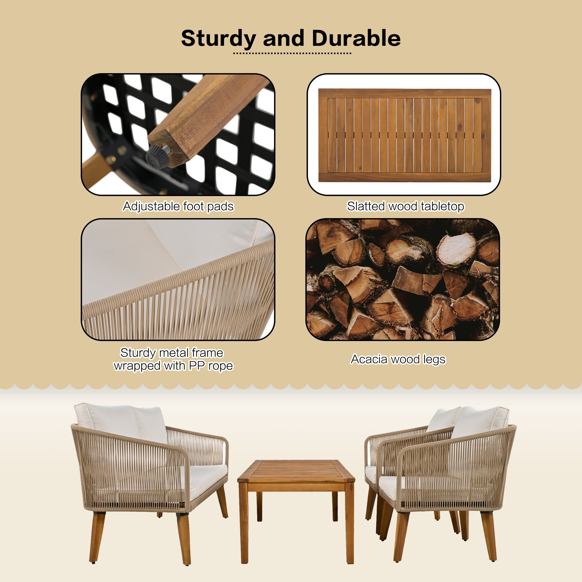 4-Piece Rope Outdoor Patio Conversation Set with and Solid Wood Table with Cushions